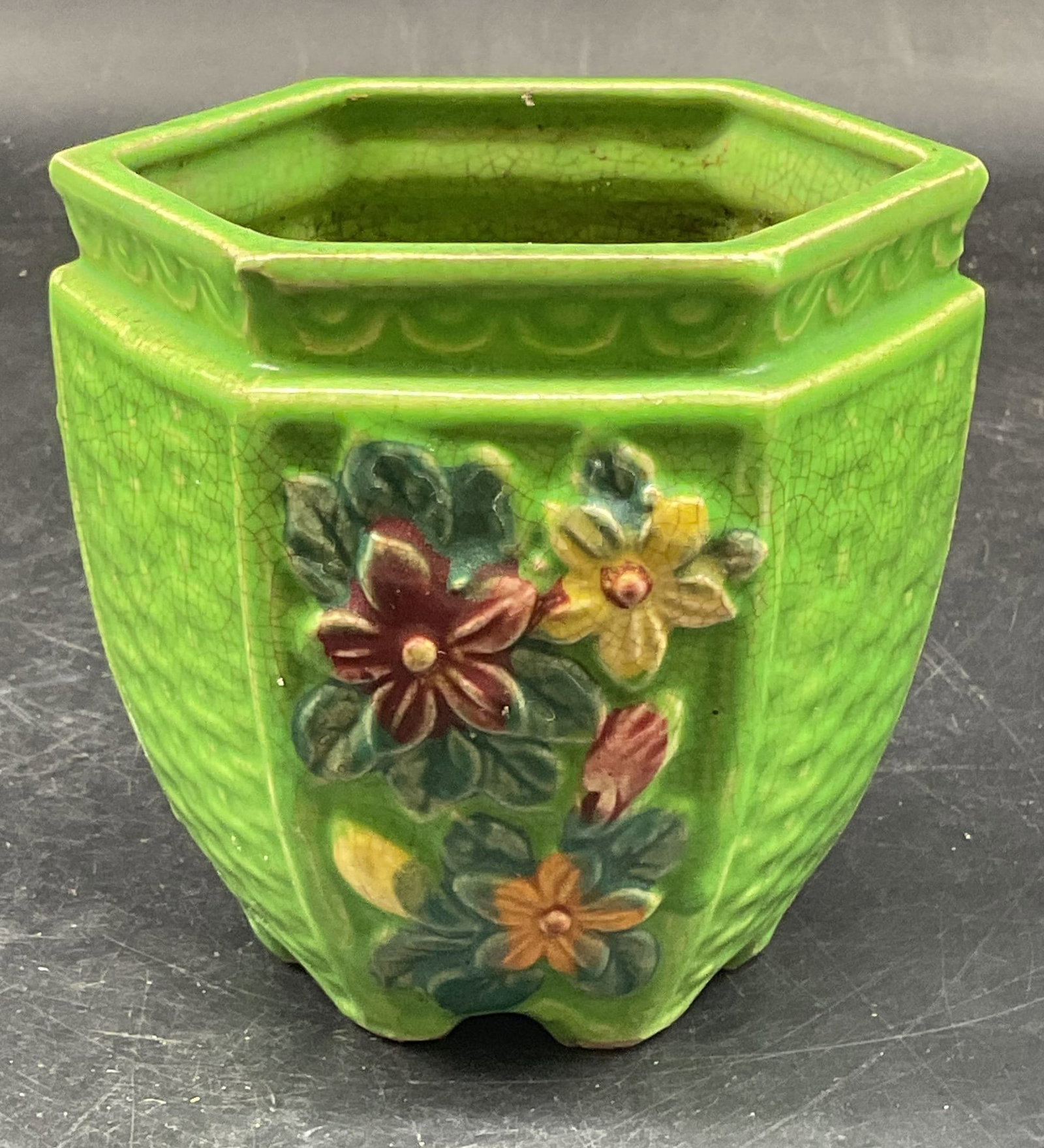 Vtg Green Floral Ceramic Planter, Japan (1 of 6)