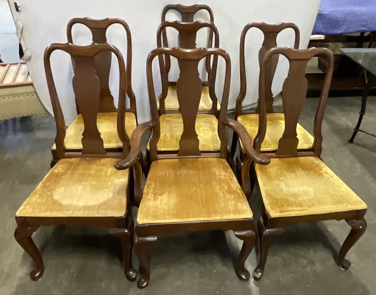 Set 7 VTG Queen Anne Style Wooden Dining Chairs: Set 7 VTG Queen Anne Style Wooden Dining Chairs. Gold-Toned Velvet Cushions. One has arm rests. One has a honeycomb pattern cushion. Scratching and Wear to cushions present. Some cracks in wood. Measu