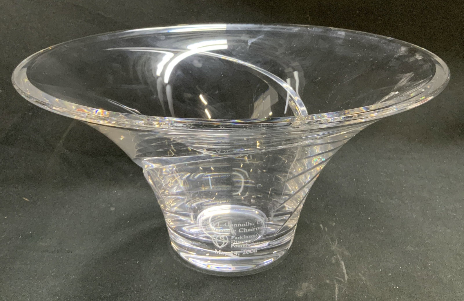 2008 Waterford Engraved Commem Crystal Bowl: Waterford crystal bowl features a flared rim & cut swirling design on body. Custom text that reads, John J. Connolly, Ed.D. Corporate Chairman. Parkinsons Disease Foundation. May 14,2008. Signed