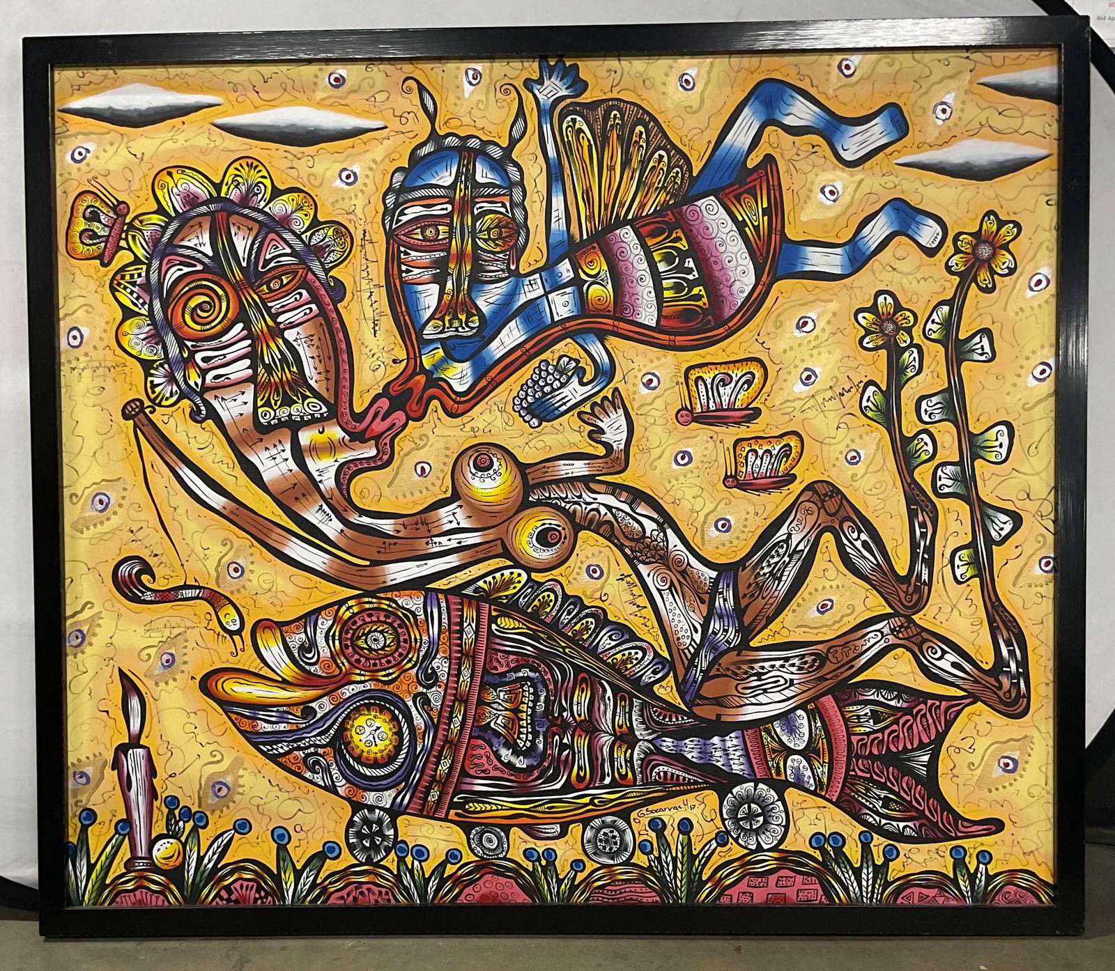 Sgn G Soccaras H Figure Fish Acrylic Painting 57in: Framed Acrylic on canvas painting. Signed lower right, G. Socarras H. Abstract expressionist style figures and fish in yellow, red, and blue. Black wood frame. Not examined out of frame. Frame measure
