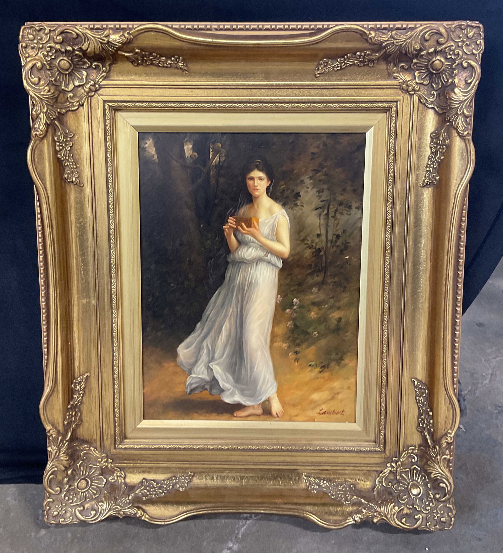 Framed Signed Lambert Pandora Oil Painting 26in: Framed oil on board painting. Signed lower right, Lambert. After Charles Amable Lenoir, Pandora. Greek mythology. Woman holding a box. Ornate gilt wood frame. Not examined out of frame. Frame measures