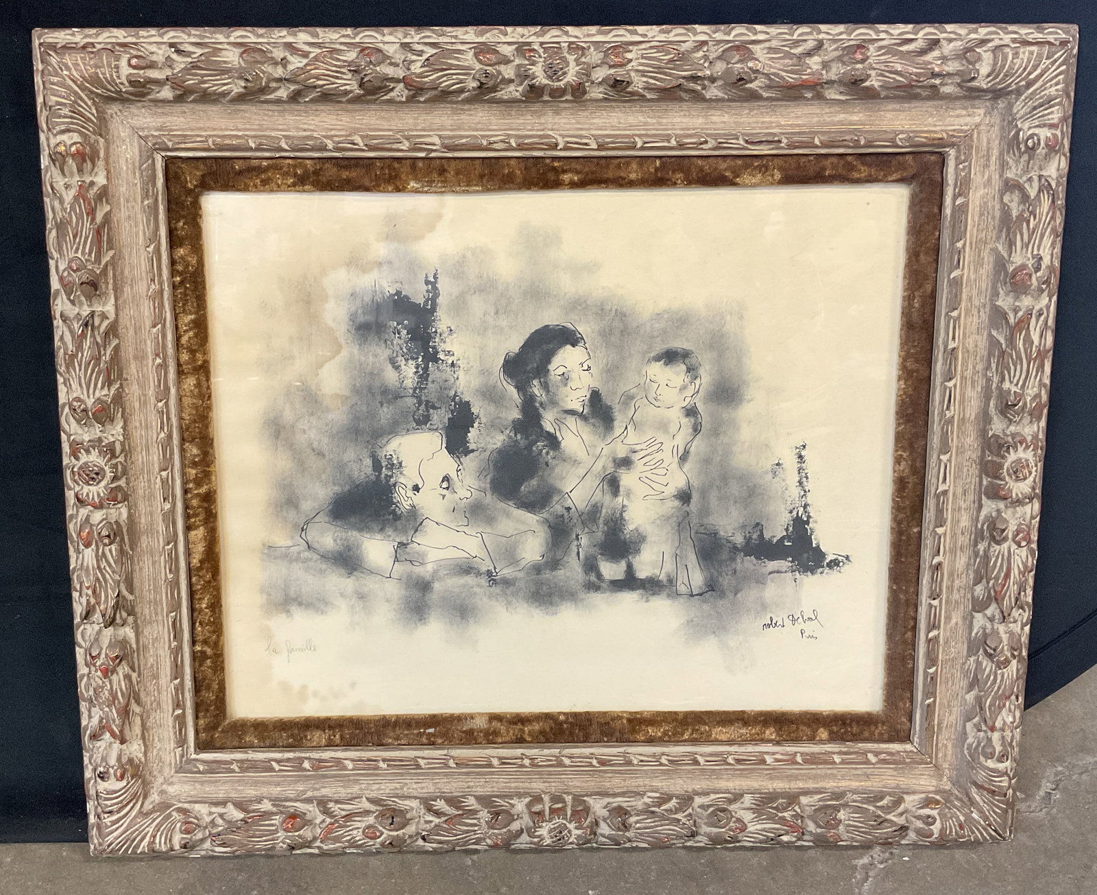 Sgn Robert Delval The Family Ink Drawing 27in: Framed ink drawing on paper. Signed lower right, Robert Delval (French, 1934-2024). Titled lower left, La Famille. The family, man, woman and child. Ornate gilt wood frame. Not examined out of frame. 