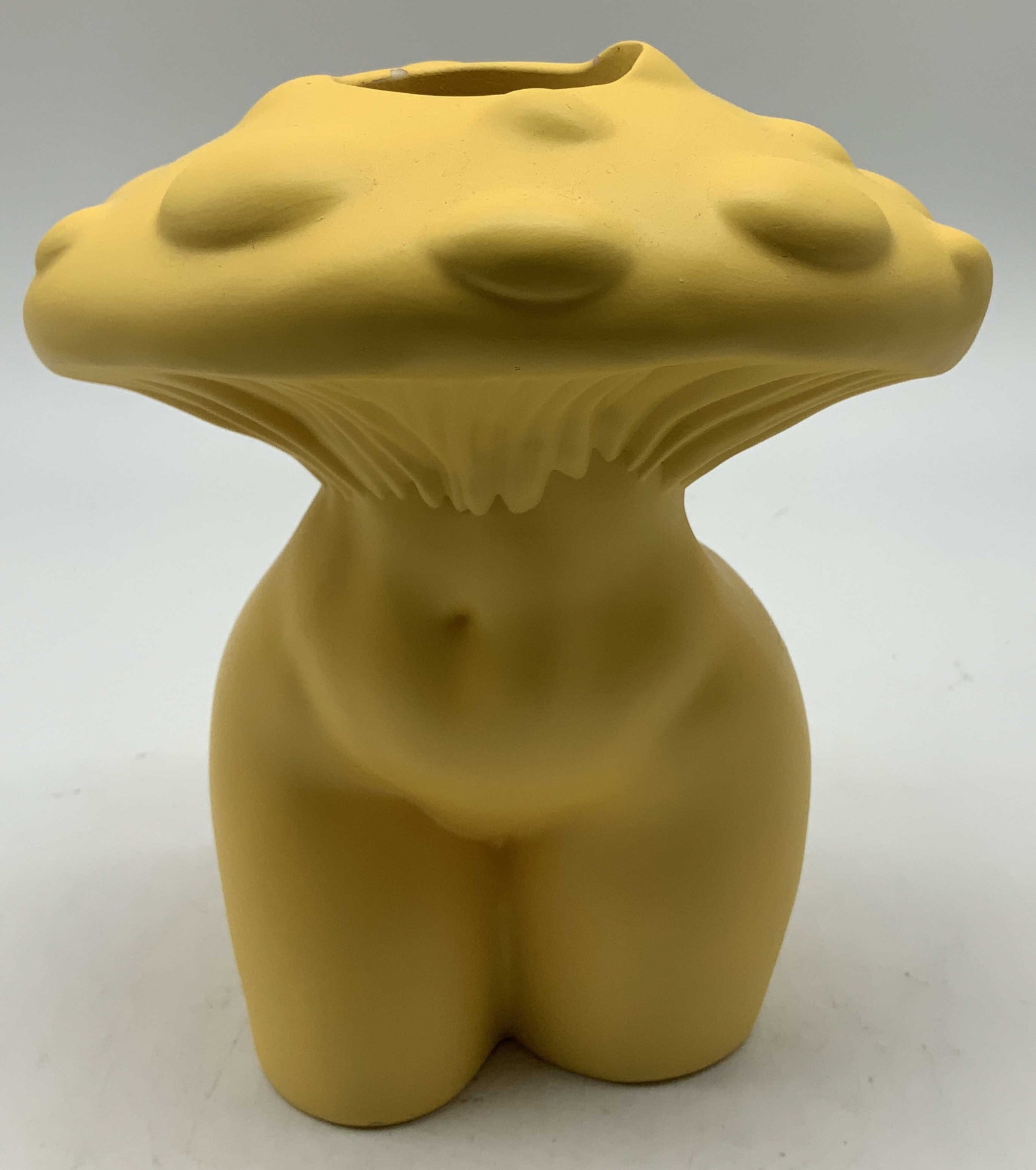 Mushroom Body Yellow Vase: Vase features a female body & mushroom top. Yellow toned. Composite material. Surface wear consistent to age, use & exposure. No visible signature or markings. Measurements: Length of top 6in x width 