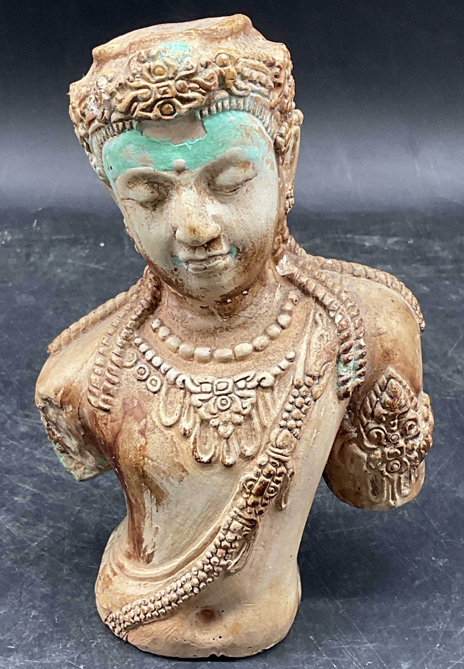 Vintage Bodhisattva Plaster Bust: Vintage plaster bust depicting a bodhisattva. Hand painted detail. Measures approx. 4.5 x 2.5 x 6.75 inches. Some scratching and loss to paint. Bodhisattva, collectibles, home decor, home accessories,