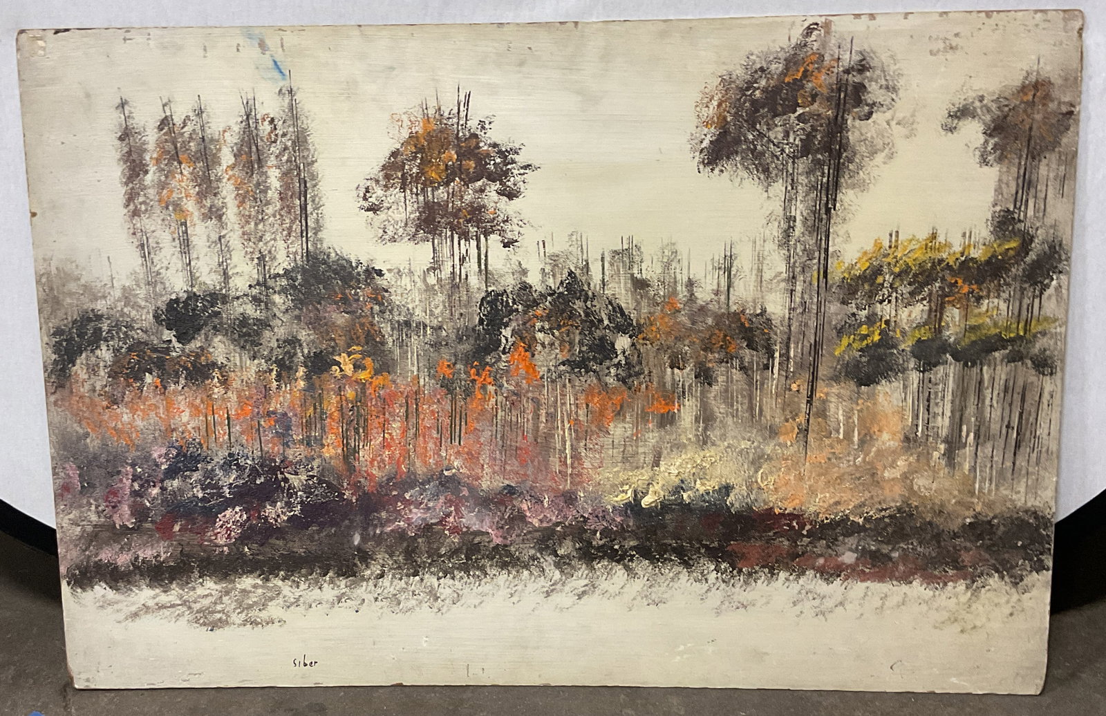 Signed Siber Winter Landscape Oil Painting 3ft: Oil on board painting. Signed lower left, Siber. Impressionist style winter landscape with trees. Measures approx. 24 x 36 inches. Wear around corner and edges, some scratching and loss to pigments. A
