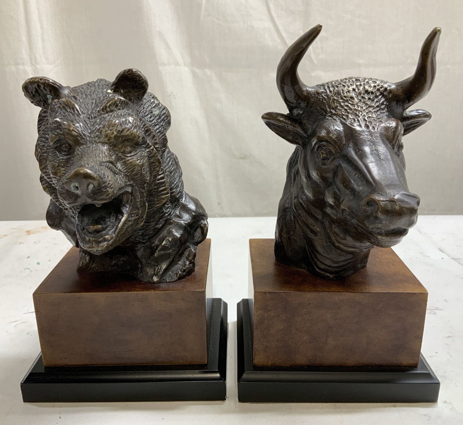 Pr Vtg Bronze Patina Bull & Bear Bust Statues (1 of 7)