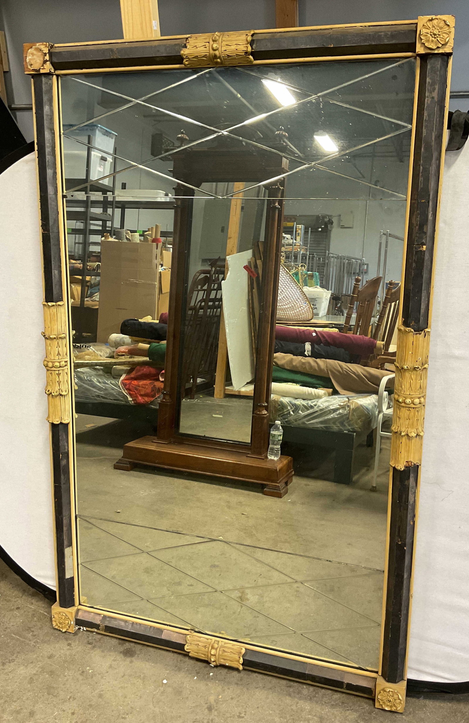 Vintage Decorative Wooden Floral Wall Mirror 66in: Vintage decorative wooden floral wall mirror. Rectangular shape. Decorative carved floral and sphere motifs. Intricate details and features. Diamond pattern accent on top and bottom. Black and tan. Me