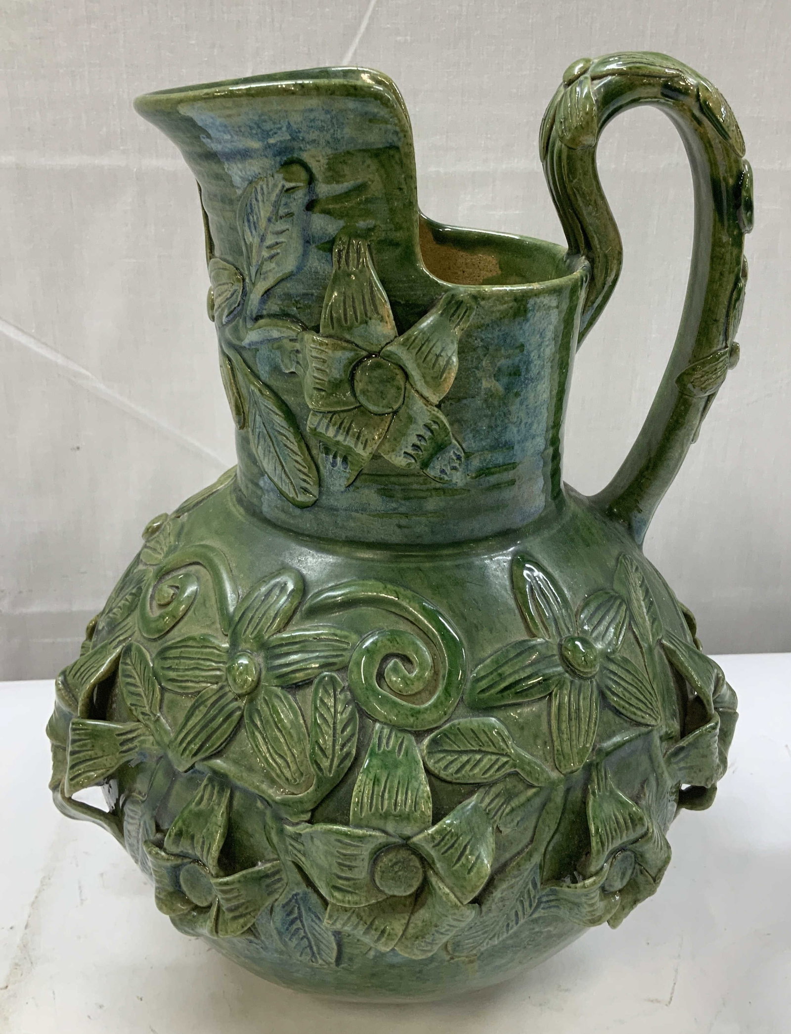 Vtg Green Glazed Floral Pottery Pitcher (1 of 6)