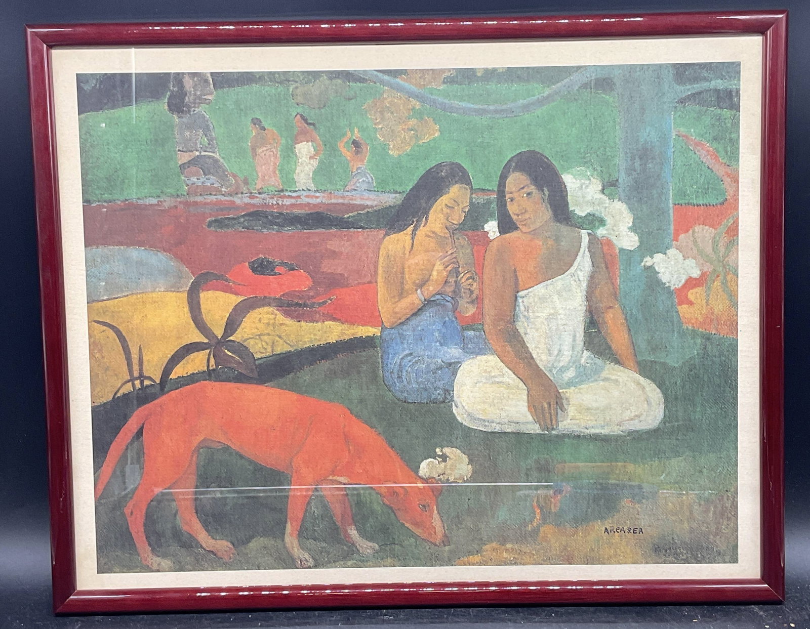 Framed Gauguin Arearea Tahiti Women Litho: Framed lithograph. After Paul Gauguin, Arearea. Tahitian women and dog. Wood frame. Not examined out of frame, frame measures approx. 14.25 x 18 inches. Some wear consistent with exposure. Art, fine a
