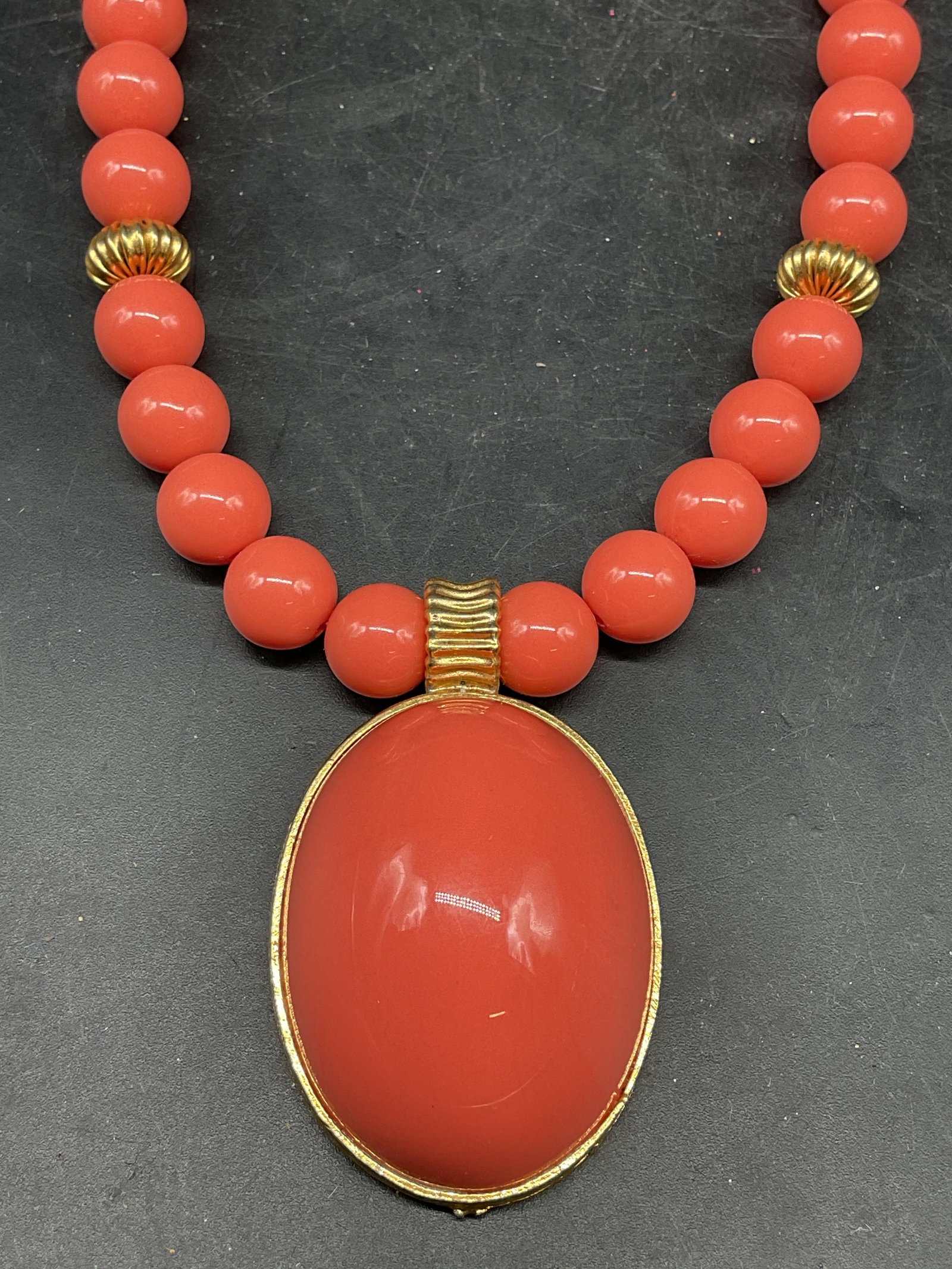 Vintage Coral Tone Beaded Pendant Necklace (1 of 6)