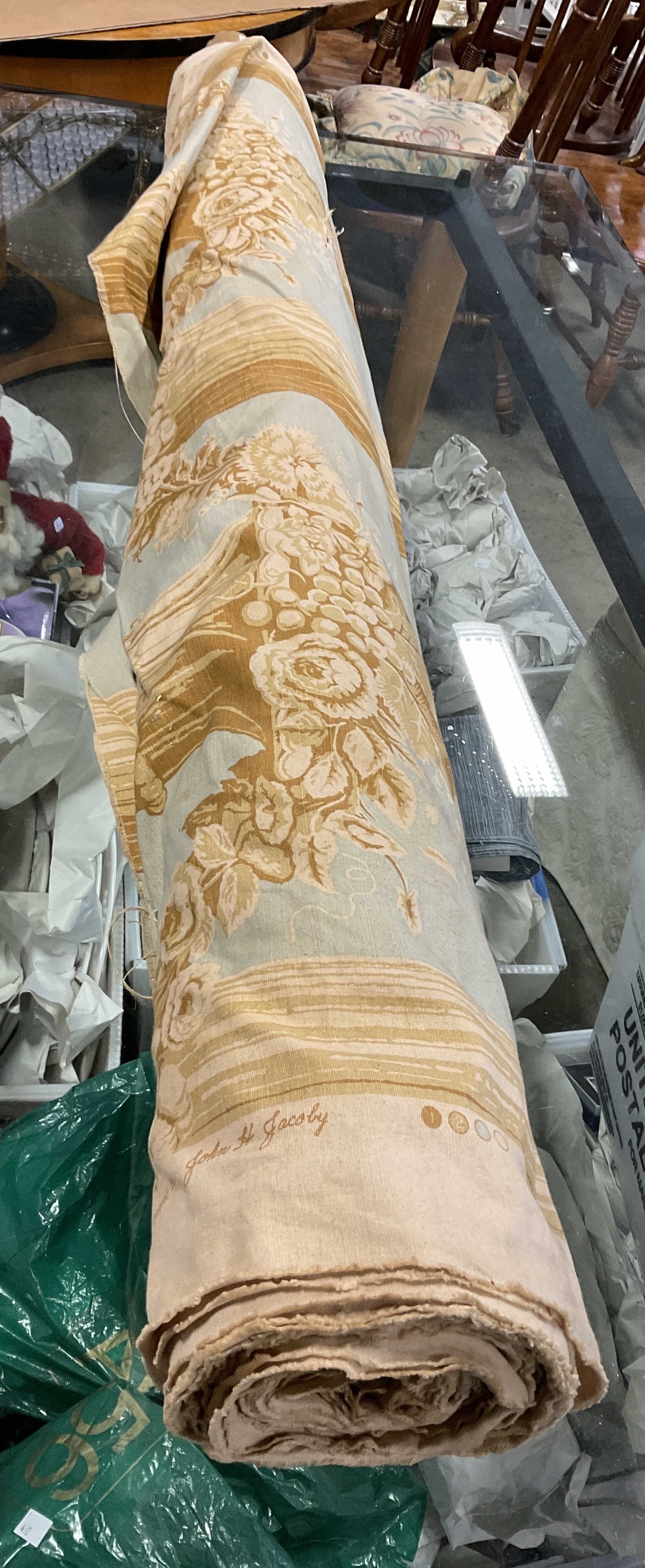 Large Brunschwig & Fils John Jacoby Fabric Bolt: Large Fabric Bolt. Brunschwig & Fils. Hand-Print Linen by John Jacoby. Print Name is Ashley. Also on Linen is Printed Historic Charleston Foundation. Large Scale Print Featuring Columns and Swags of F