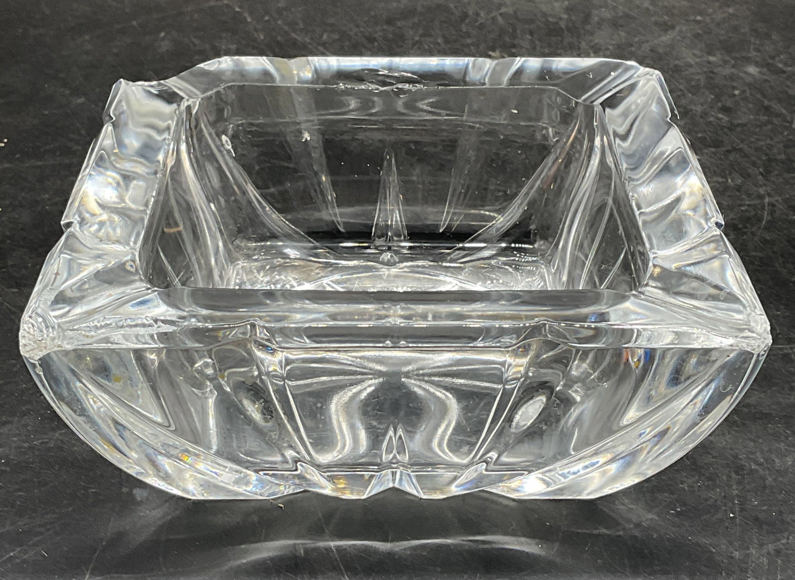 Vintage Heavy Crystal Ashtray: Vintage Crystal ashtray with faceted design. Measures approx. 5.25 x 5.25 x 2.25 inches. Thick walled crystal piece has weight. Wear including scratching and chipping. Crystal ashtray, ashtray, home d