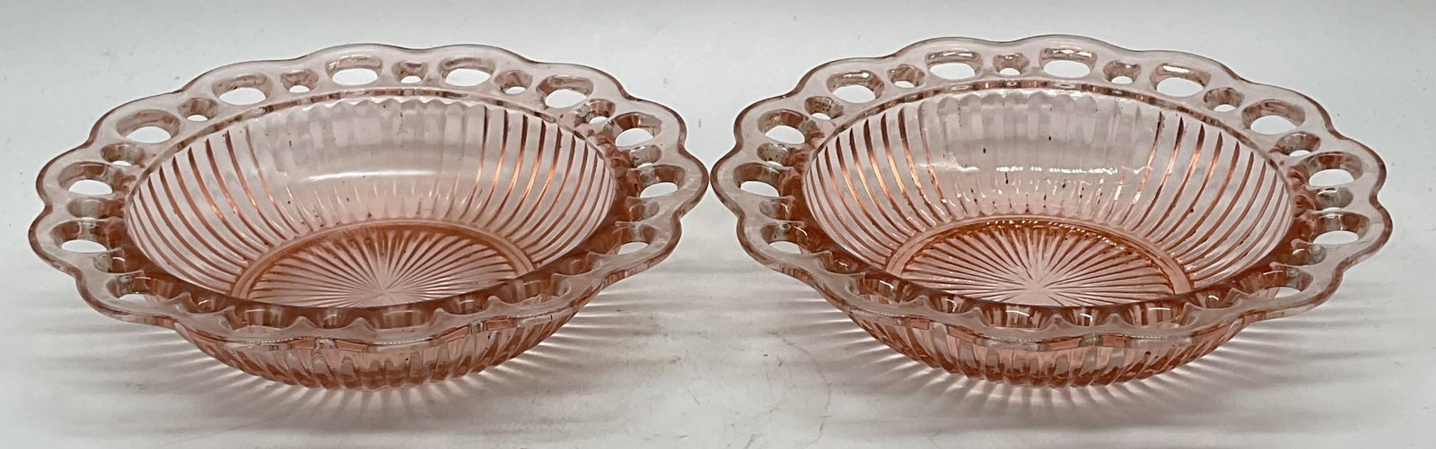 Pair Pink Depression Glass Scalloped Bowls (1 of 7)