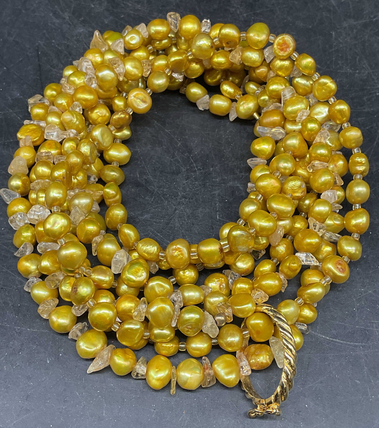 Gold Tone Dyed Pearl Semiprecious Necklace: Double strand gold tone dyed pearl necklace with semiprecious stones and gold tone pendant. Drop length measures approx. 19 inches. Some scratching. Jewelry, estate jewelry, costume jewelry, cocktail 