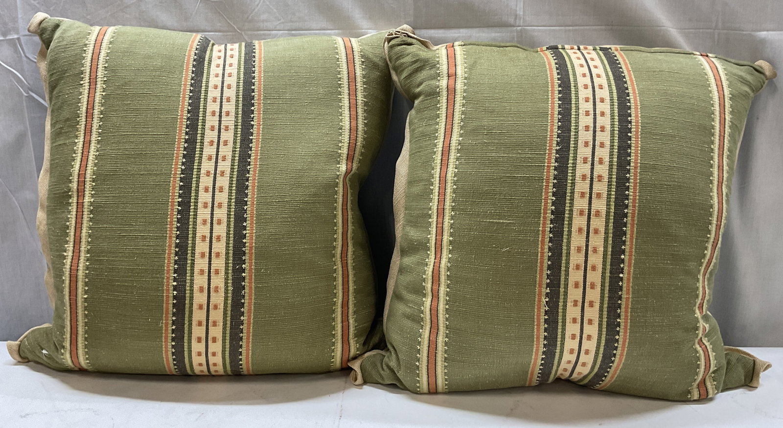 Pair Vintage Fabric Green Striped Throw Pillows (1 of 7)