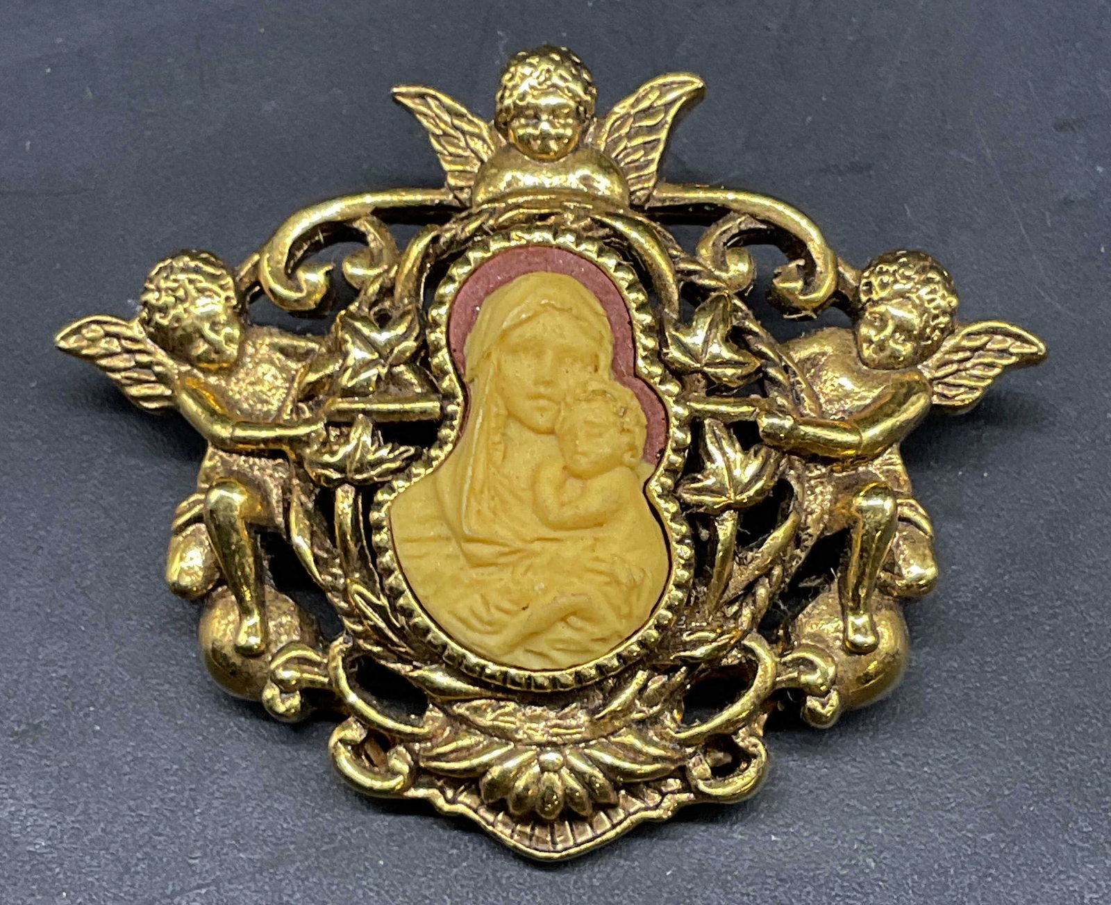 Signed Gold Tone Madonna & Child Brooch (1 of 6)
