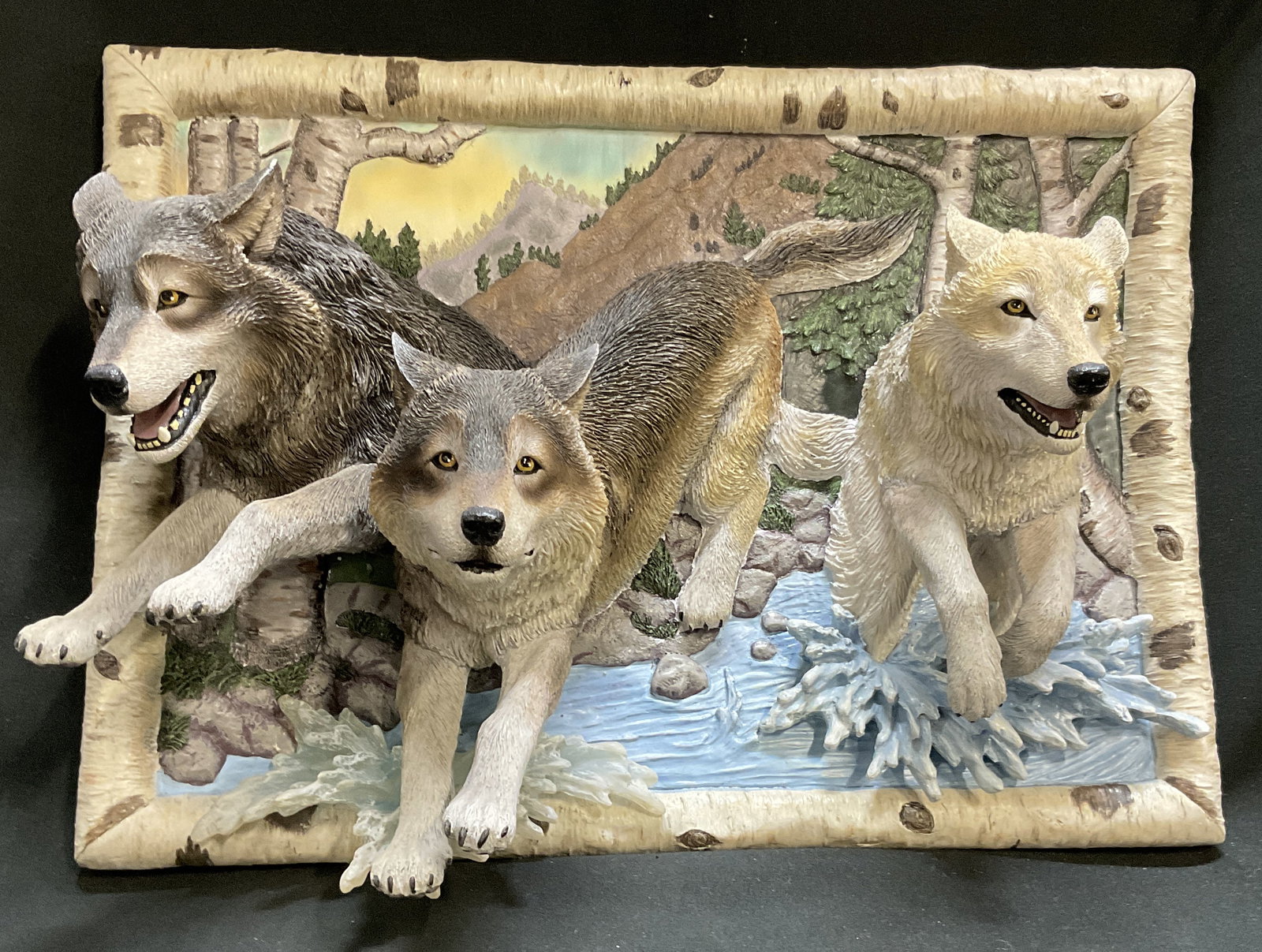 2010 Bradford Exch Force of Nature Wolves Wall Art: 2010 The Bradford Exchange The Force of Nature Living Print. Features 3D Wolves Running in a Forest and Splashing in a 3D Stream. Sits in a Birch Tree Style Frame. Made of Resin. Condition Consistent 