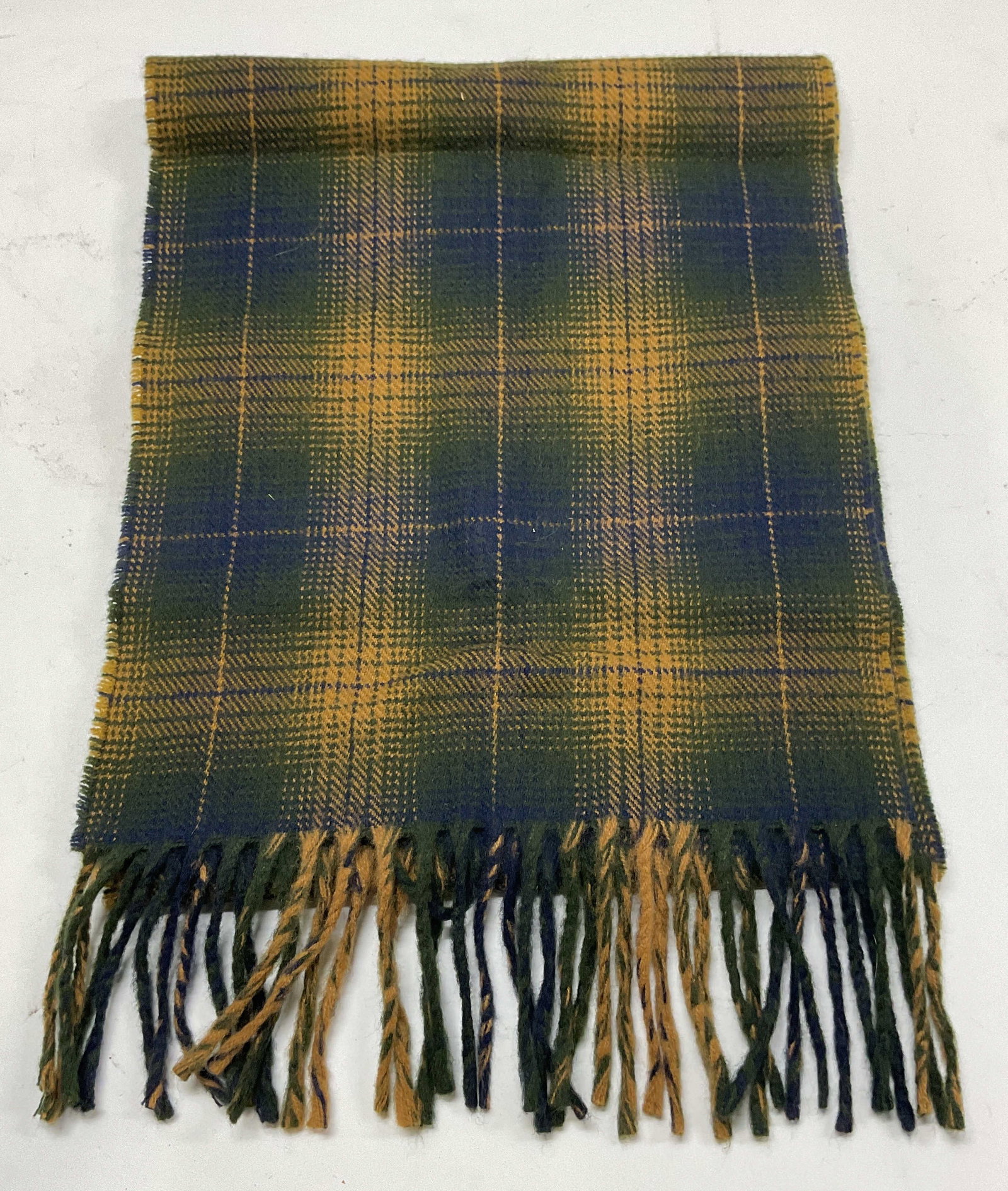 Green & Blue Plaid Fringe Scarf, Italy.: Green and blue plaid print fringe trim scarf. Acrylic. Made in Italy. Measures approx. 58 inches long. Some blemishes. Plaid scarf, green scarf, blue scarf, accessories, fashion accessories, wearables