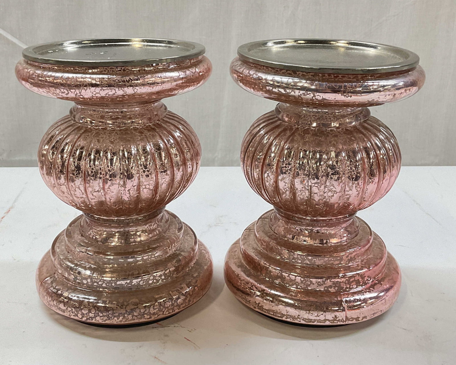 Pair Pink Mercury Glass Pedestal Candle Holders (1 of 6)