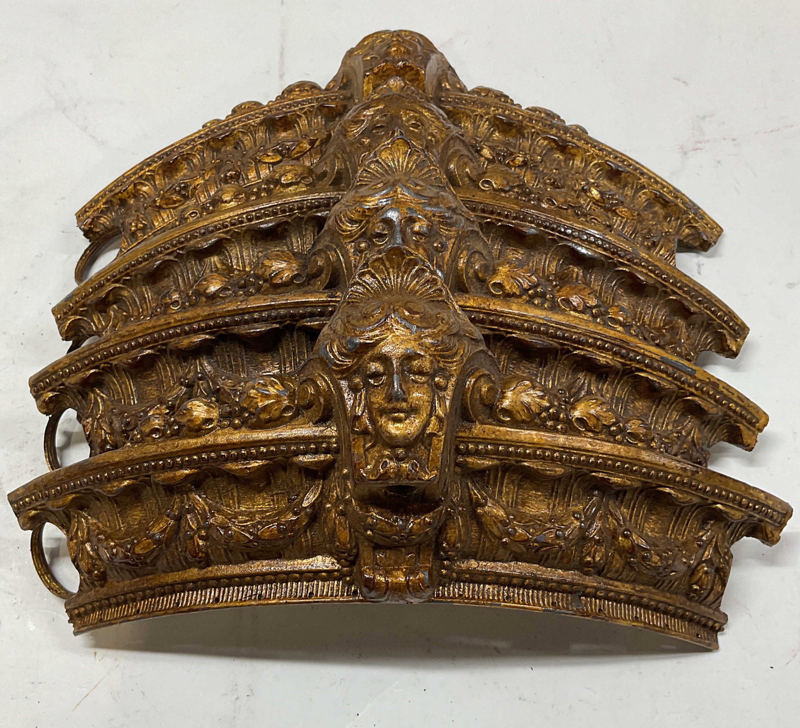 Lot 4 Ornate Gilt Metal Architectural Salvage: Lot of 4 Vintage pieces gilt metal architectural salvage. Ornate scroll and figural motifs. Measures approx. 11.5 x 5 inches each. Pieces have weight. Wear including scratching and loss to gilt.