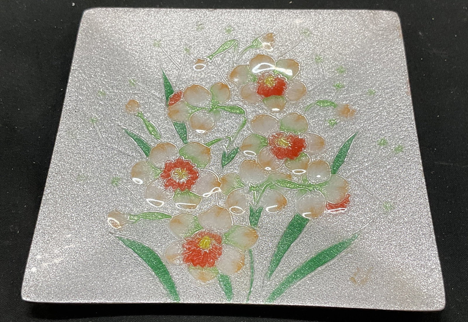 White Floral Enameled Metal Square Dish (1 of 6)