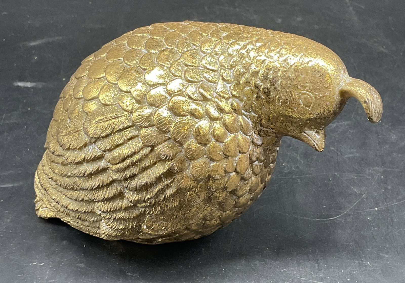 Gilt Quail Bird Figurine: Gilt composite quail bird figurine. Measures approx. 6.5 x 4 x 4 inches. Some loss to gilt and scratching. Quail figurine, bird figurine, home decor, home accessories, table decor, table accessories, 