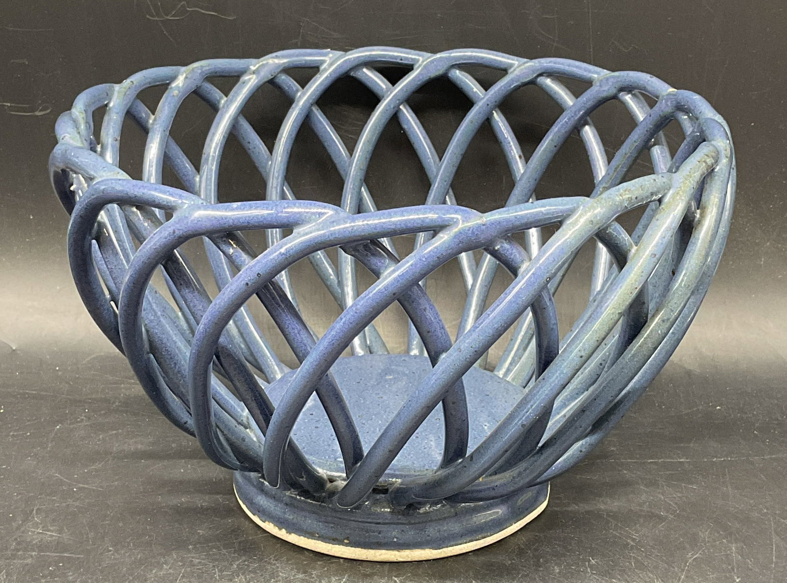 Signed Blue Ceramic Basket Bowl (1 of 6)