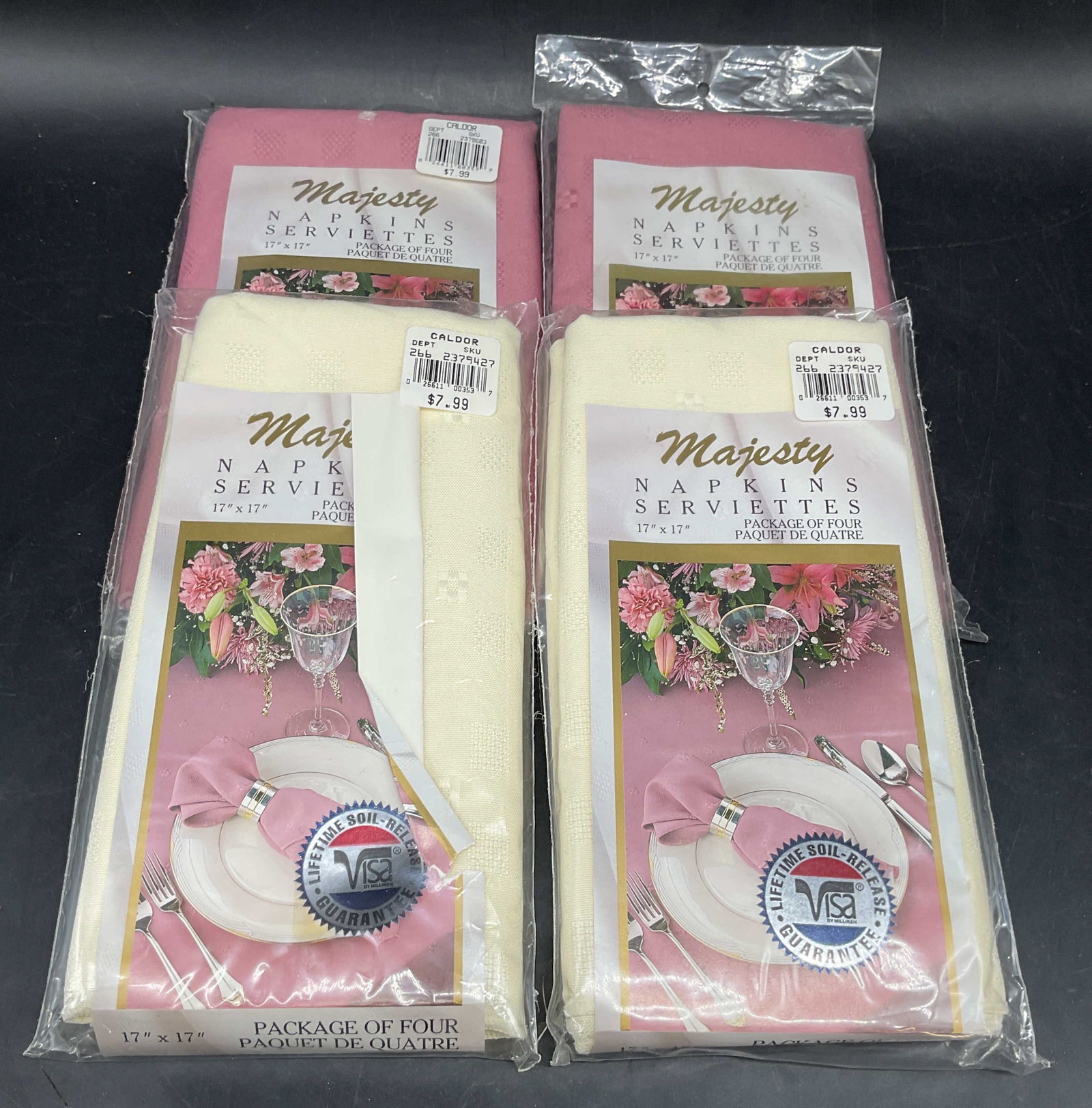 Lot 4 Majesty Pink & White Dinner Napkins NWT: Lot of 4 Majesty pink and white dinner napkins. Poster. New in original packaging. Not examined out of packaging. Napkins measure 17 x 17 inches. Majesty napkins, pink napkins, white napkins, table de