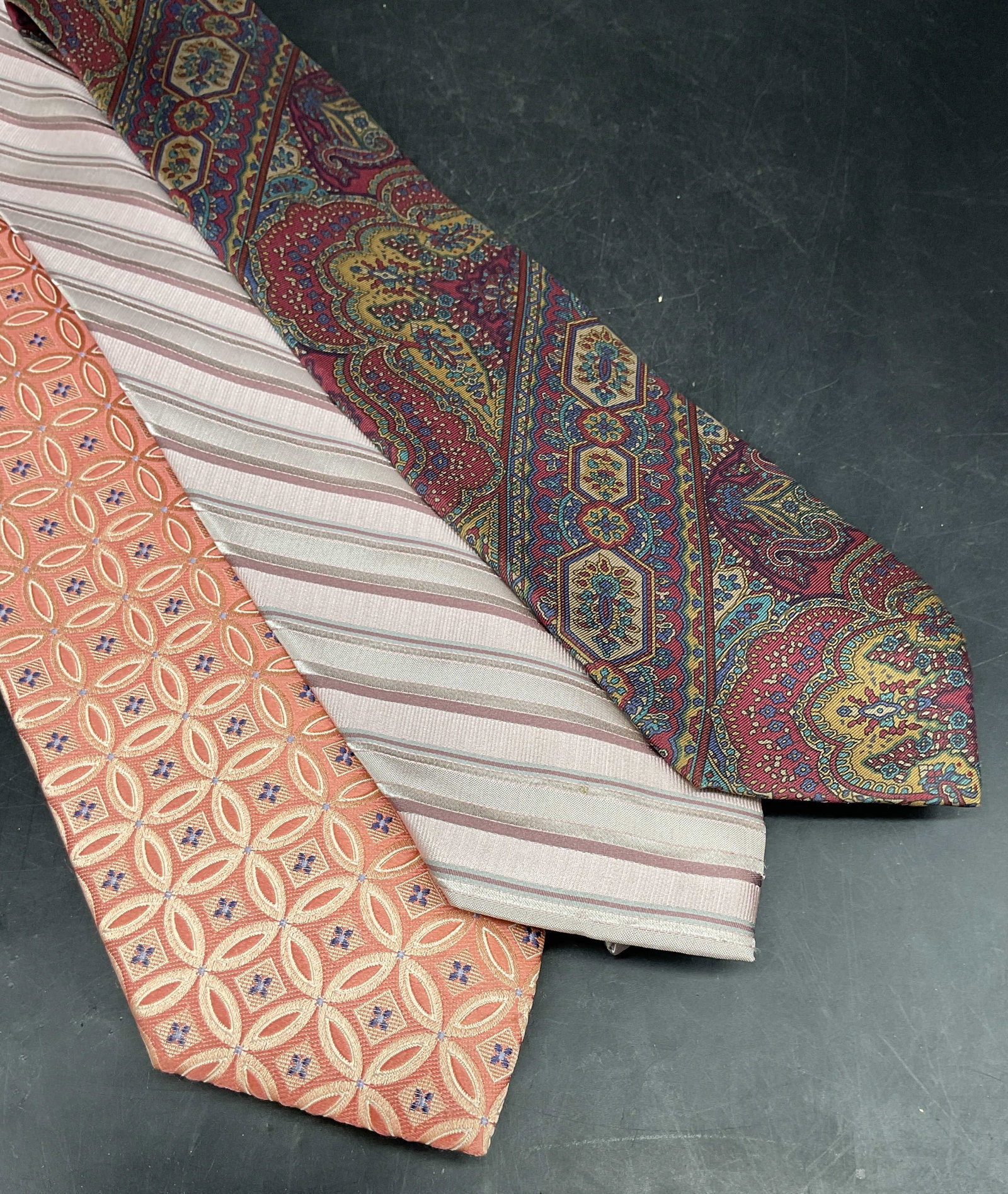 Lot 3 Club Room NWT Calvin Klein Silk Ties +: Lot of 3 silk ties. Club Room pink geometric print, new with tag. Calvin Klein pink striped. Alvarado Design burgundy paisley print. Longest measures approx. 58 inches. Some blemishes. Mens tie, silk 