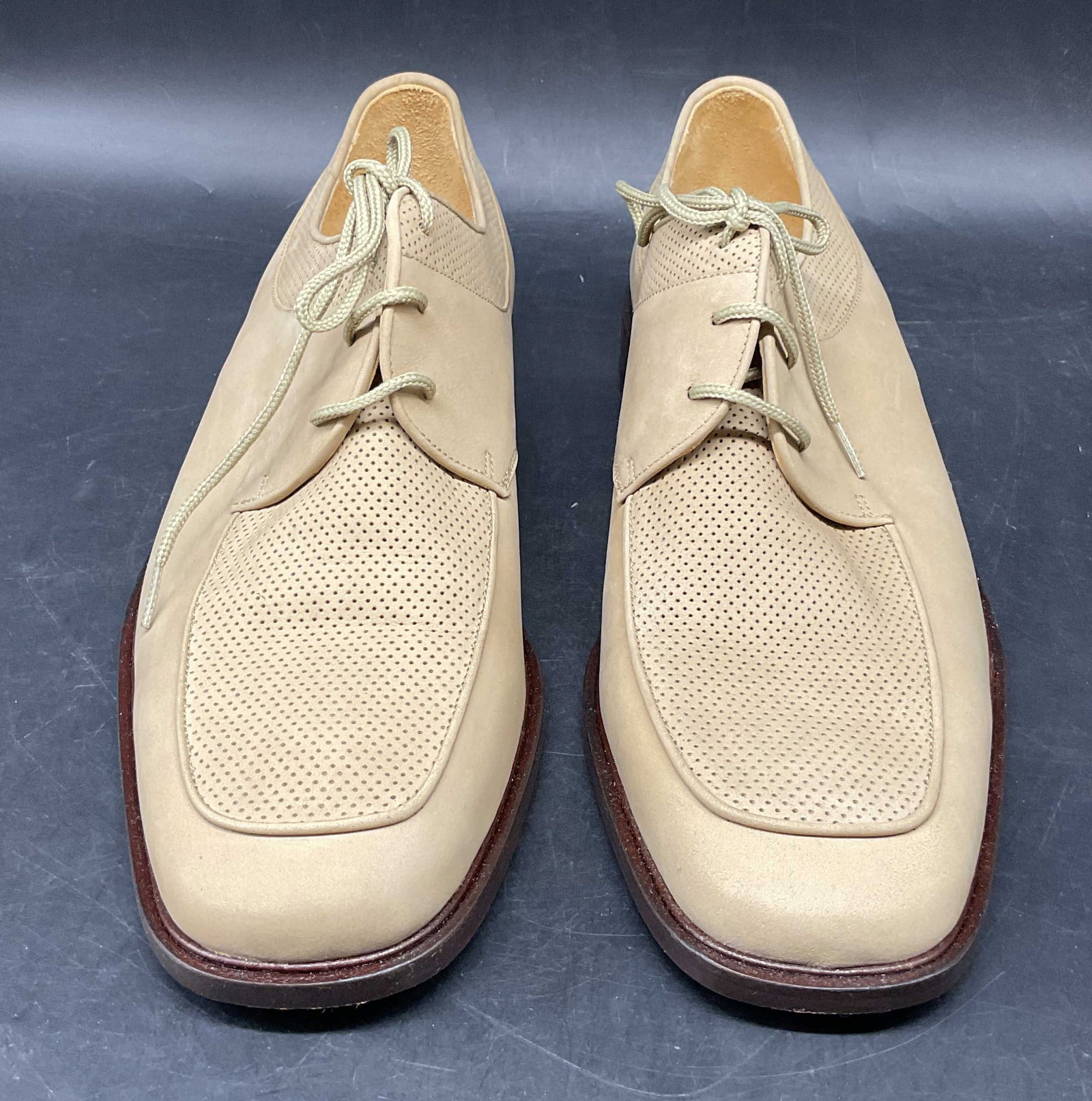 Magnanni Tan Perforated Suede Shoes, Spain: Magnanni tan perforated suede shoes. Made in Spain. Size 10. Light surface wear. Includes a box. Magnanni shoes, tan shoes, suede shoes, designer shoes, wearables, mens shoes, 10 cs