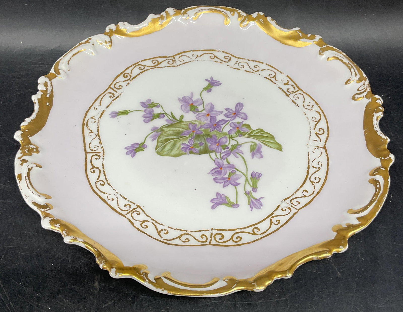Antique Limoges Gilt Floral Porcelain Plate France: Antique Limoges porcelain plate. Made in France. Signed MFM, 1898. Hand painted and gilt with floral motif. Scalloped edge. Some scratching and loss to paint. Antiques, collectibles, antique plate, fl