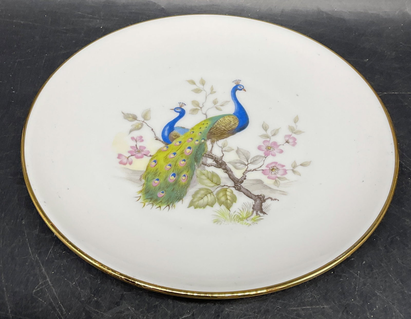 JKW Bavaria Porcelain Peacock Plate, W Germany: Vintage JKW Bavaria porcelain peacock plate, made in Western Germany. Measures approx. 7.75 inches wide. Some scratching. JKW plate, porcelain plate, peacock plate, home decor, home accessories, table