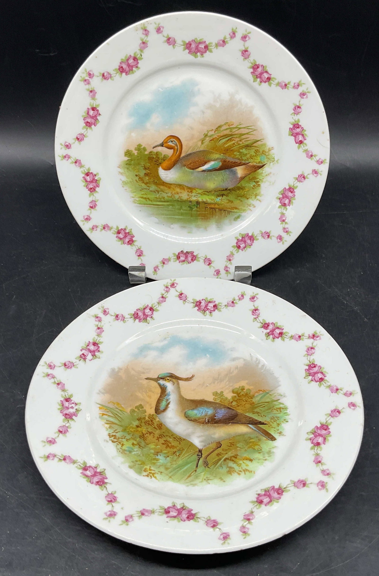 Pair Antq Gutherz Royal Duck Porc Plates Austria: Pair of antique O & E G Oscar and Edgar Gutherz Royal porcelain plates. Hand painted Duck motifs. Made in Austria. Measures approx. 7.75 inches wide. Some scratching, loss to paint and small chips. An