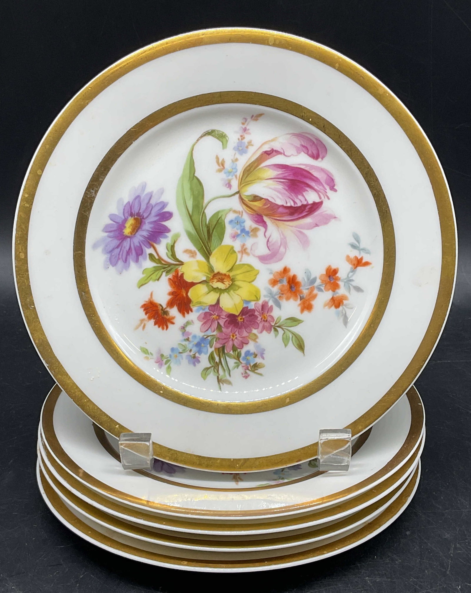 5 Antq GD Cie Limoges Porc Floral Plates France: Set of 5 antique G D & Cie Gustave Demartial Limoges porcelain plates. Avenir pattern. Hand painted and gilt floral motifs. Made in France. Measures approx. 7.25 inches wide. Some scratching, loss to 