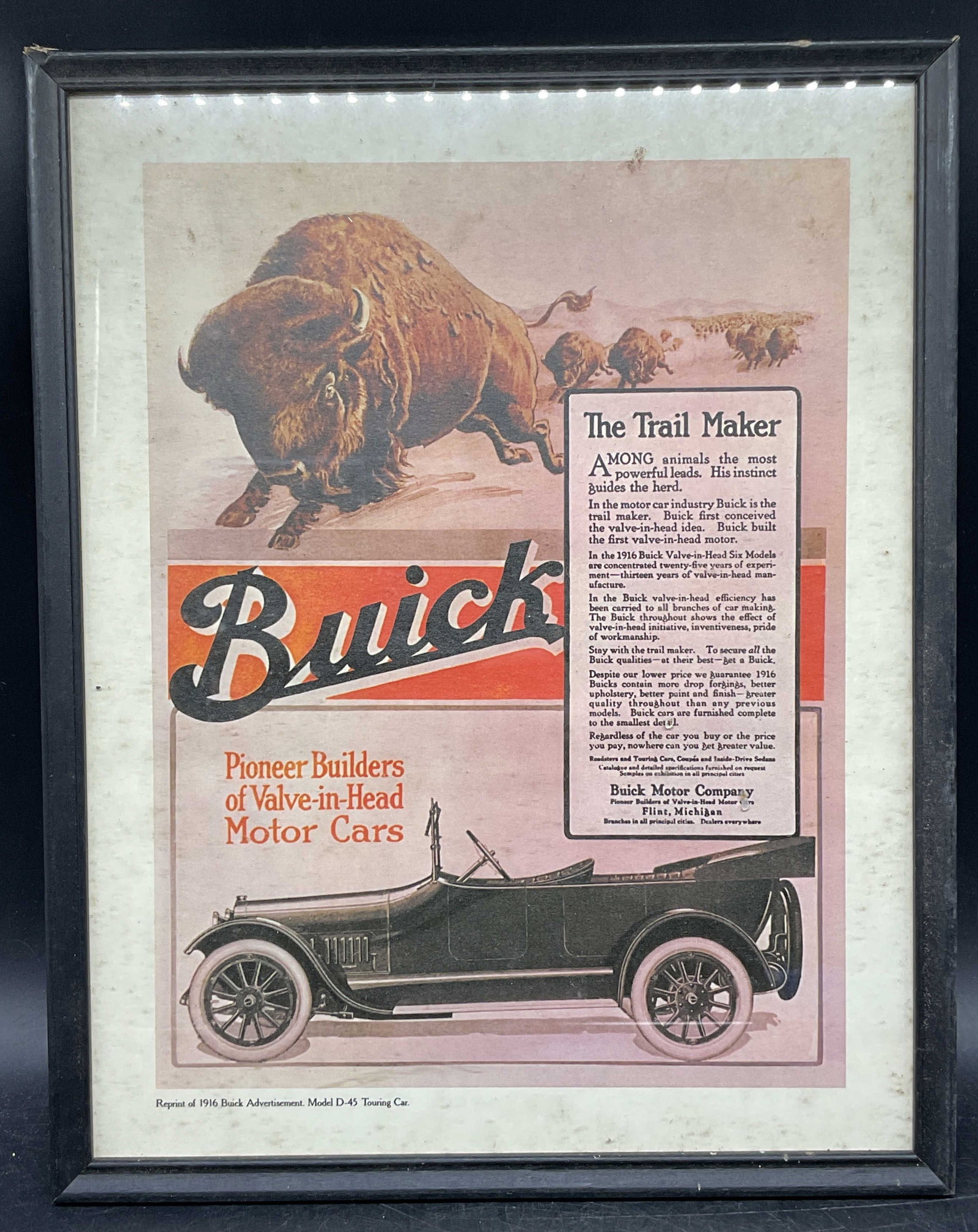 1916 Buick Advertising Repro Lithograph: Framed reproduction lithograph print of a 1916 Buick advertisement. The Trail Maker. Black frame. Not examined out of frame. Frame measures approx. 11.75 x 14.75 inches. Some wear consistent with expo