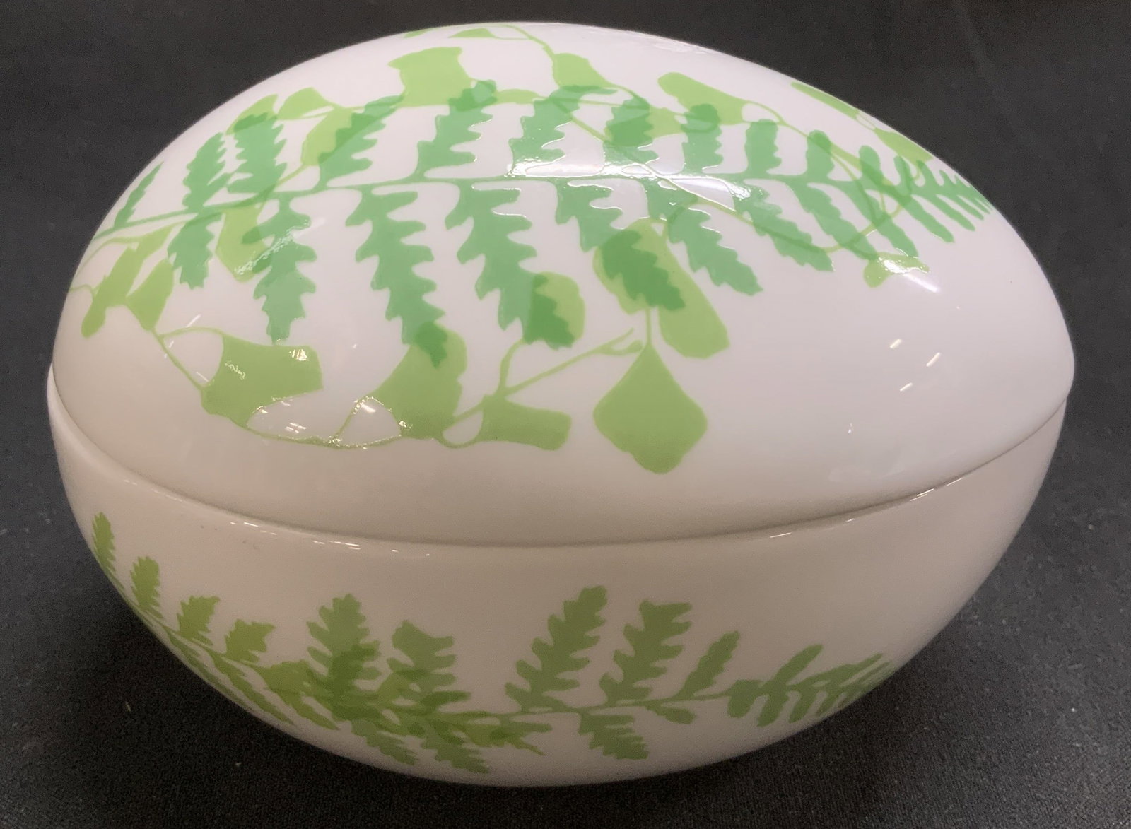 Vera for Mikasa Bone China Trinket Box JAPAN: Vera for Mikasa trinket box features hand painted green fern motifs on lid & body. Egg shaped. Signed & marked on underside. Reads, LACY JENN VERA FOR MIKASA. BONE CHINA. JAPAN. Surface wear consisten