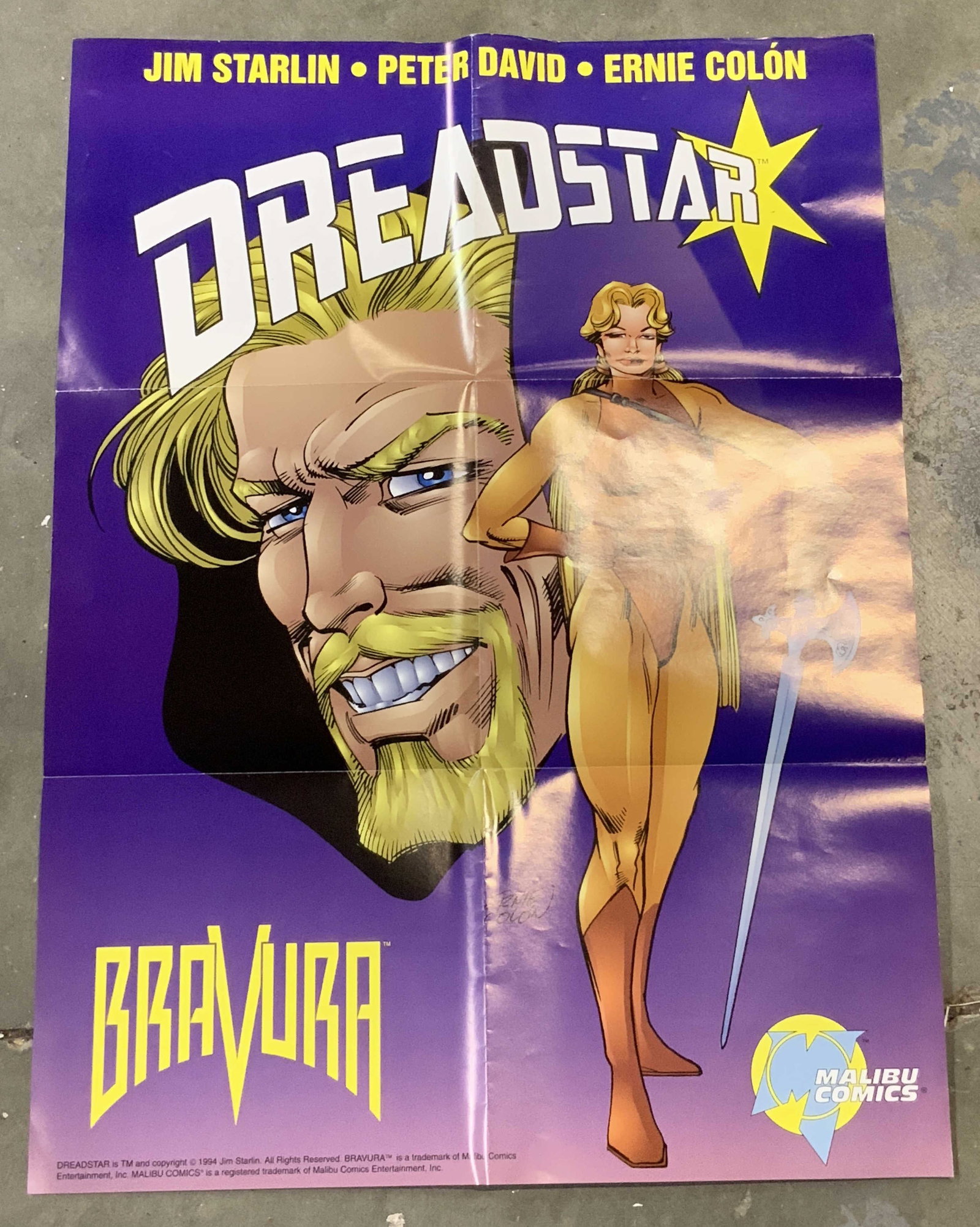 1994 Malibu Comics Dreadstar Promotional Poster: 1994 promotional poster for the comic series Dreadstar, published by Malibu Comics. Depicts Vanth Dreadstrar. Jim Starlin, Peter David & Ernie Colon. Signed & marked. Reads, Copyright 1994. Jim Starli