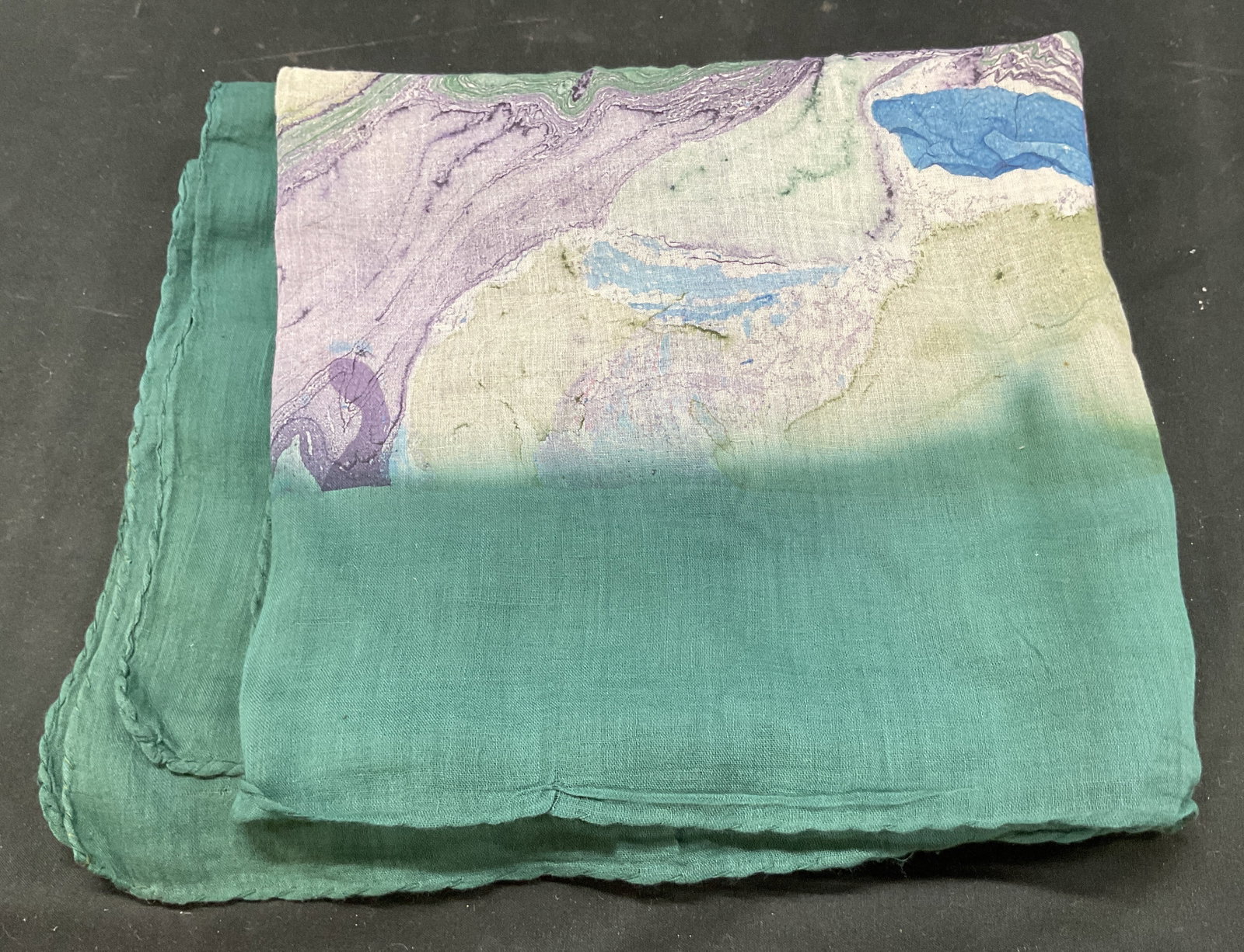 Vintage Green Abstract Silk Scarf: Vintage green abstract silk scarf. Silk material. Green border. Abstract design in varying colors. Measures approx 33 x 38 inches. Wear consistent with exposure. Some blemishes. Scarf, silk scarf, wea