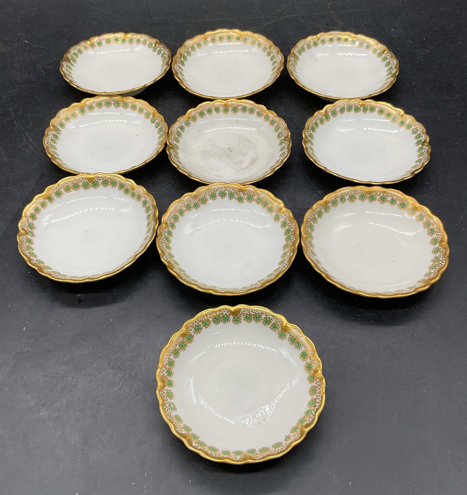 Set 10 HAVILAND Limoges Porc Floral Plates France: Set of 10 vintage Haviland Limoges porcelain plates. Made in France. Hand painted and gilt with floral motifs. Measures approx. 3 inches wide. Salt, condiment, butter, and tea bag rest plates. Some sc