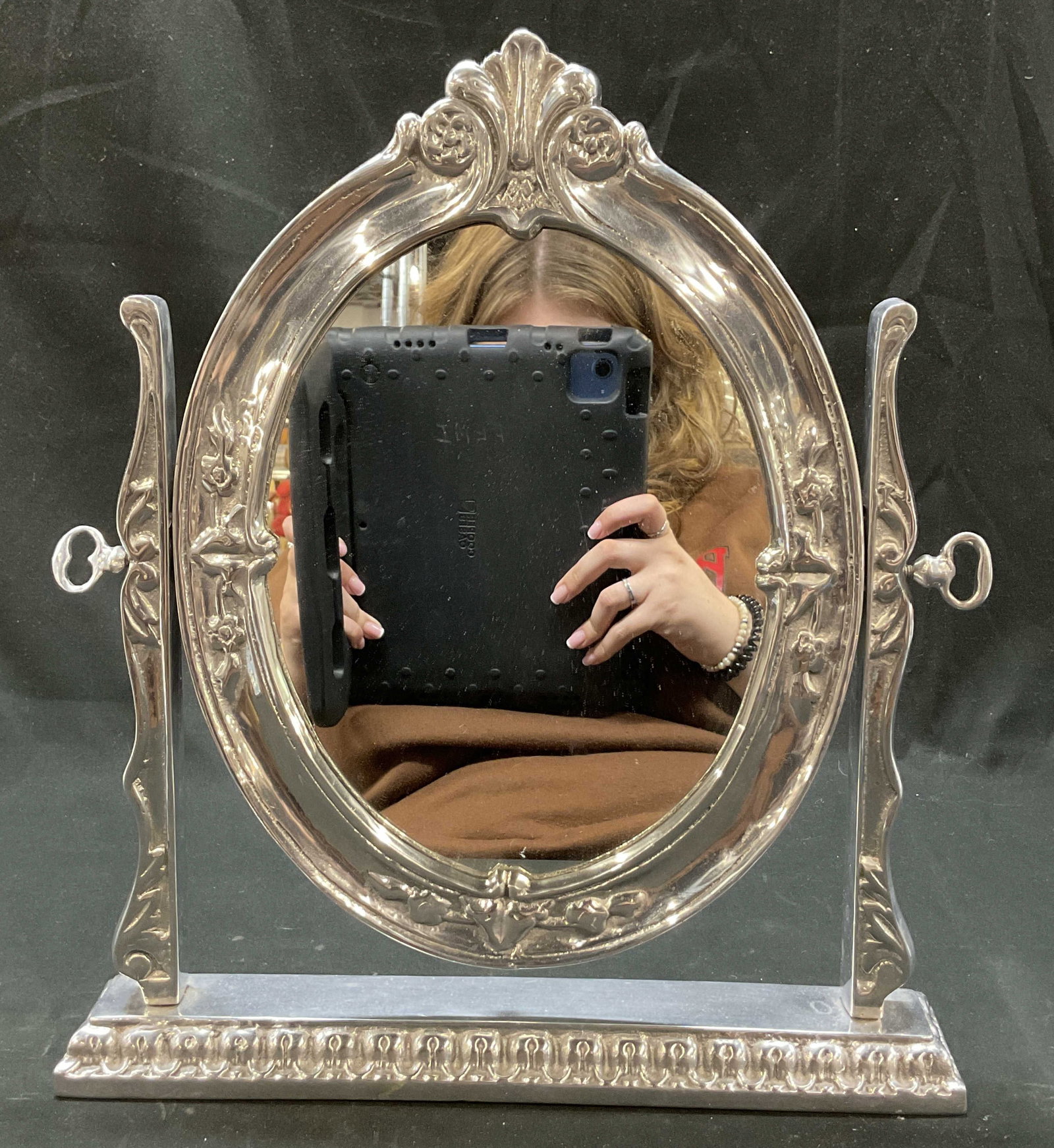 Vtg Silver Toned Metal Swivel Vanity Mirror (1 of 10)