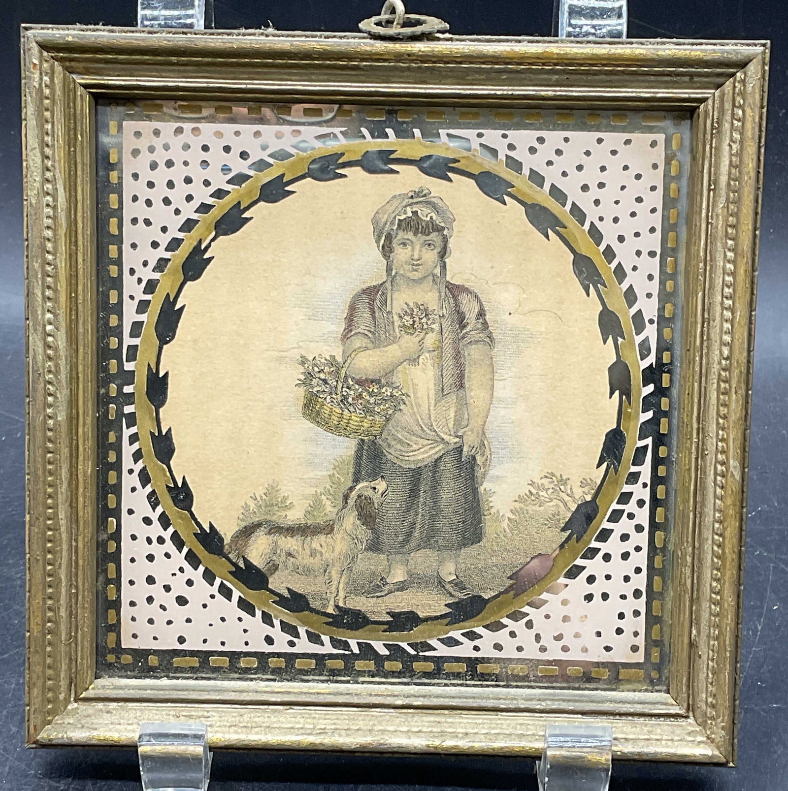 Antique Hand Colored Engraving Girl w Flowers (1 of 6)