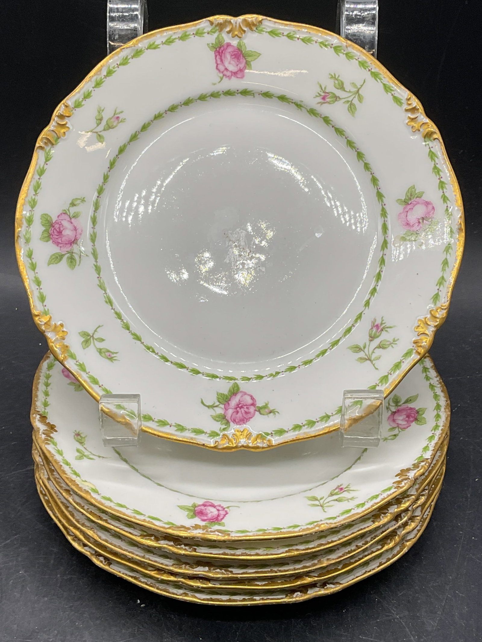 6 Vtg Ch Field HAVILAND Limoges Porc plates France: Set of 6 vintage Ch Field HAVILAND GDA Limoges porcelain plates. Made in France. Hand painted and gilt floral motifs. Measures approx. 6.25 inches wide. Wear including scratching and loss to paint. co