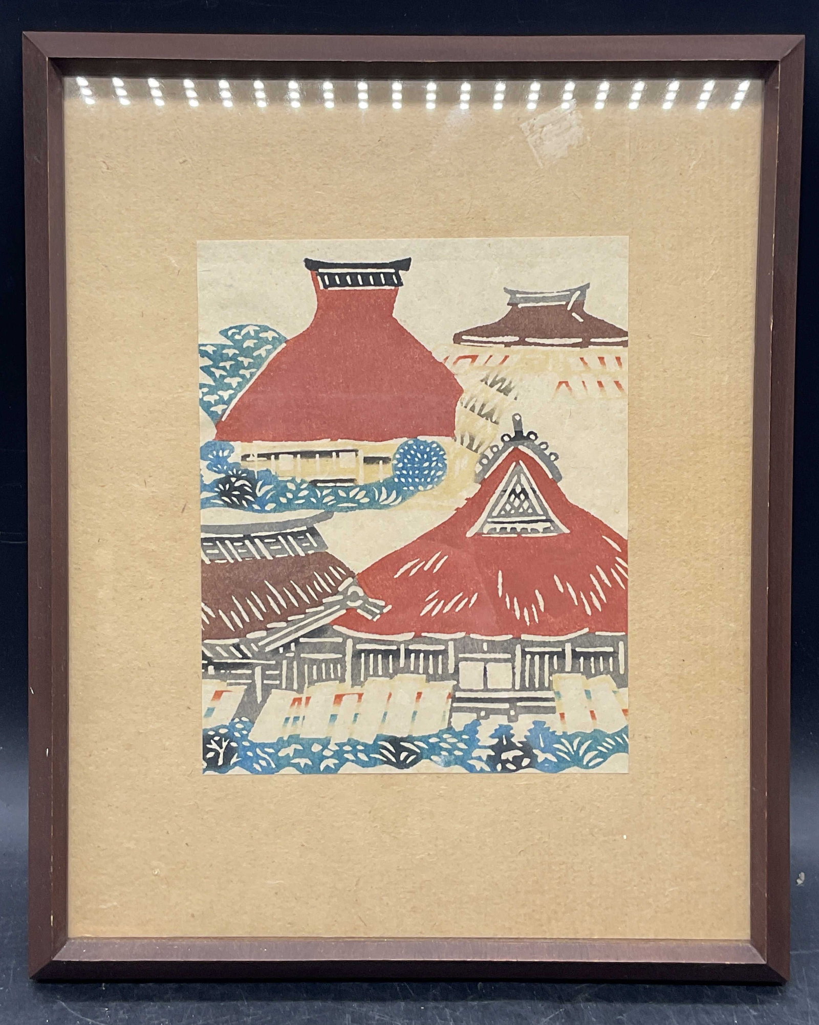 Framed Country Scene Bingata Stencil Print: Framed bingata style Japanese stencil print. Traditional style country village scene. Wood frame. Not examined out of frame. Frame measures approx. 13 x 10.5 inches. Some wear consistent with exposure