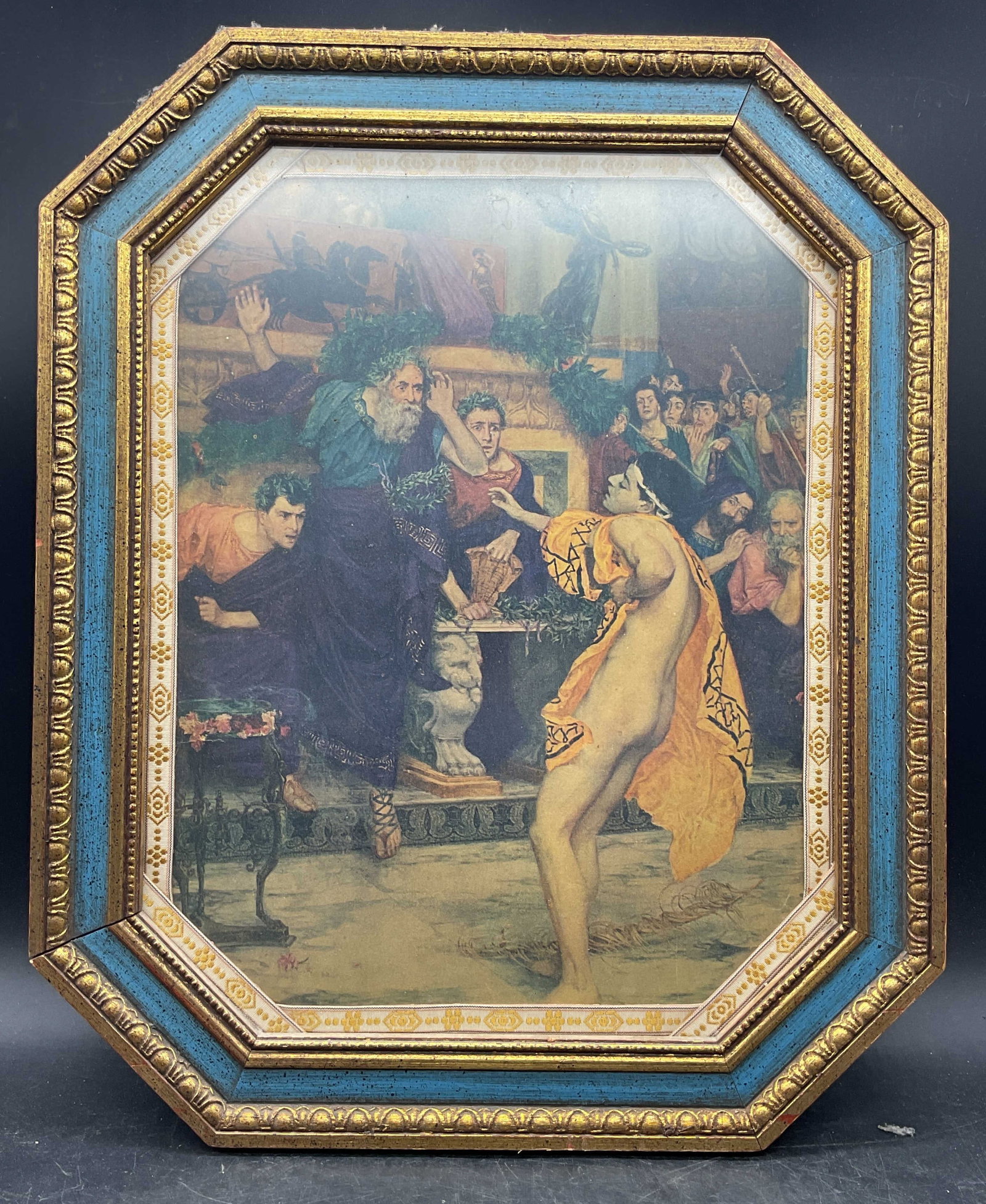 Framed Classical Dancer Lithograph: Framed Lithograph. Classical style scene with nude dancer and seated figures. Ornate gilt and blue wood frame. Not examined out of frame. Frame measures approx. 16.5 x 13.5 inches. Some wear consisten