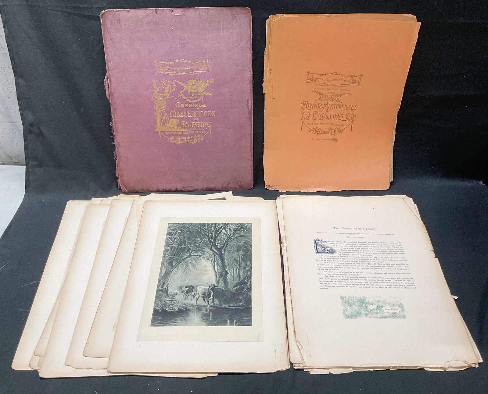 Lot 10 Antq Masterpieces of Art Photogravures: Group of 10 antique photogravure plates from 100 Crowned Masterpieces of Painting from The Paris Exhibition, Salon, Etc. Royal Aquarelle Edition. Unbound. Includes a front and back cover, 2 title