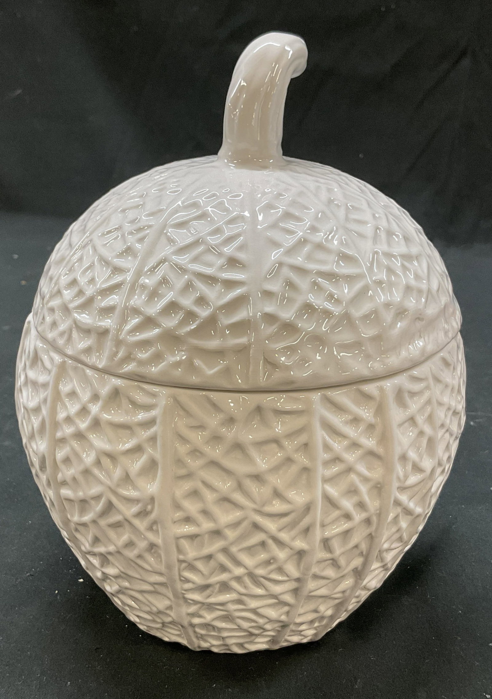 Vintage White Ceramic Acorn Cookie Jar Italy: Vintage white ceramic acorn lidded cookie jar. Marked made in Italy on underside. Acorn shaped jar with stem. Textured geometric surface. Glossy finish. Measures ht approx 7 inches diam approx 5 inche