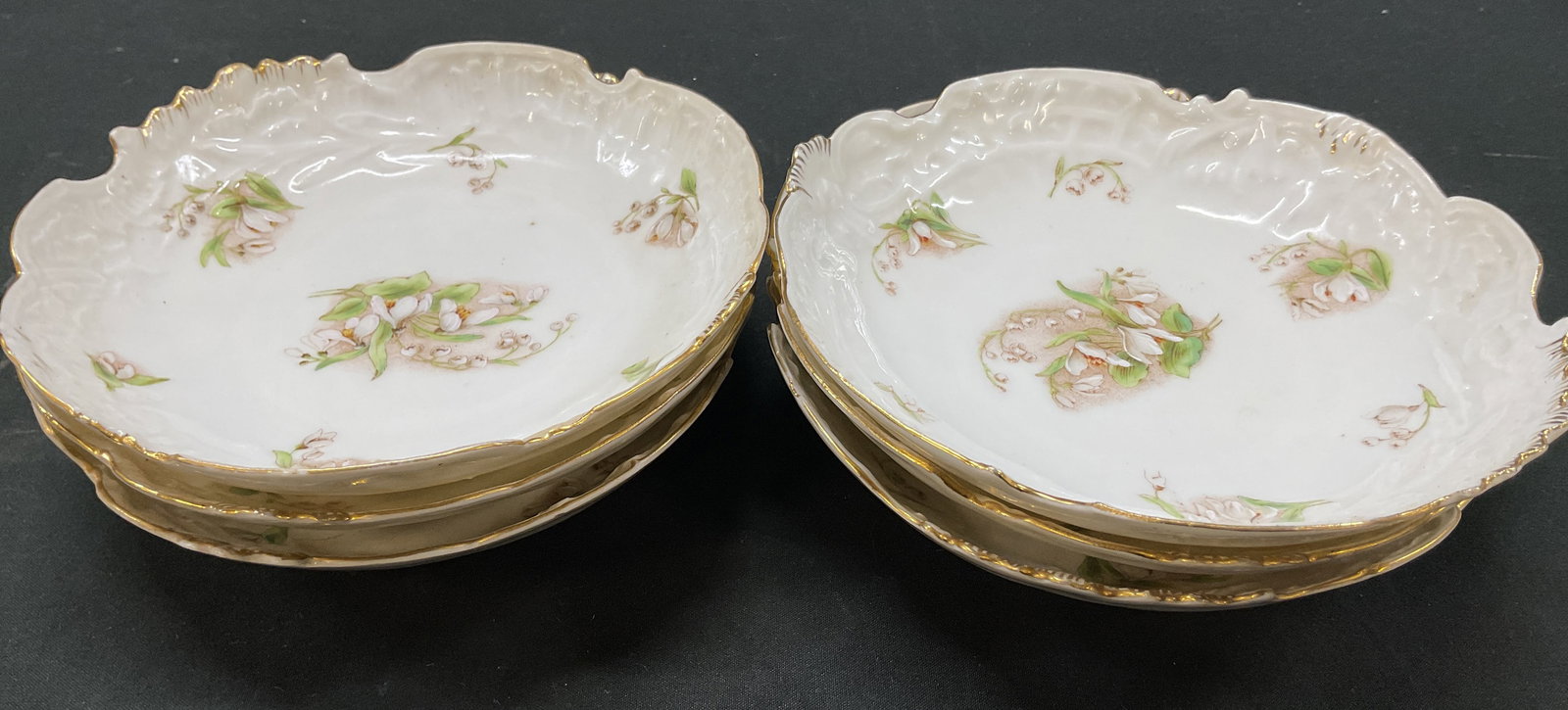 Set 6 Bavarian China Porcelain Bowls Germany: Set of 6 Bavarian China porcelain bowls. Marked on underside, reads Bavarian China Germany. Gilt scalloped edge. Hand painted floral motifs in white and green. Measures ht approx 1.5 inches diam appro