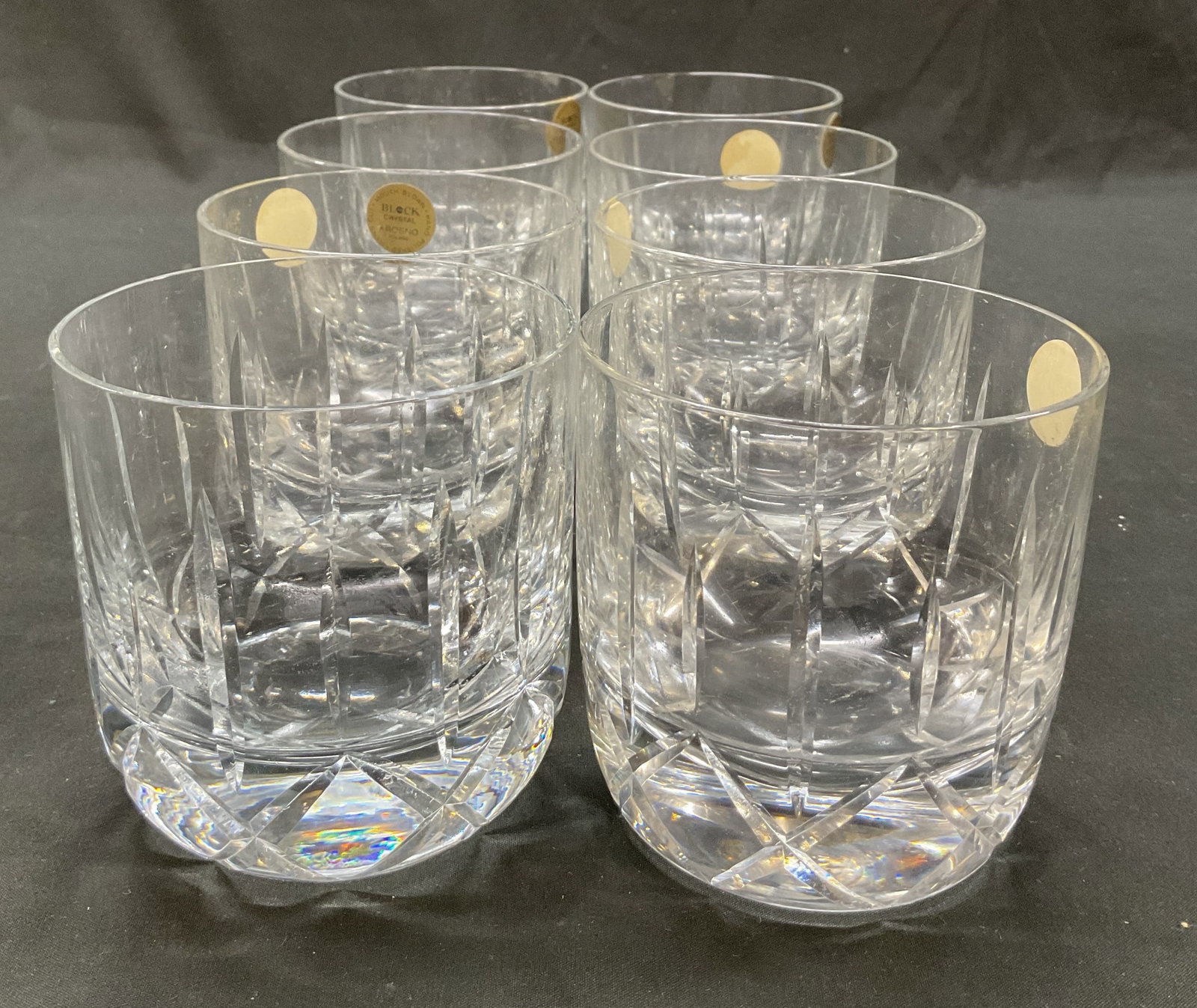 Set 8 Block Crystal Old Fashioned Glasses Poland: Set of 8 Block Crystal old fashioned glasses. Marked on surface, reads Block Crystal Krosno Poland Mouth Blown Hand Polished Hand Cut. Marked Block on underside. Tall shape with cut geometric motifs. 