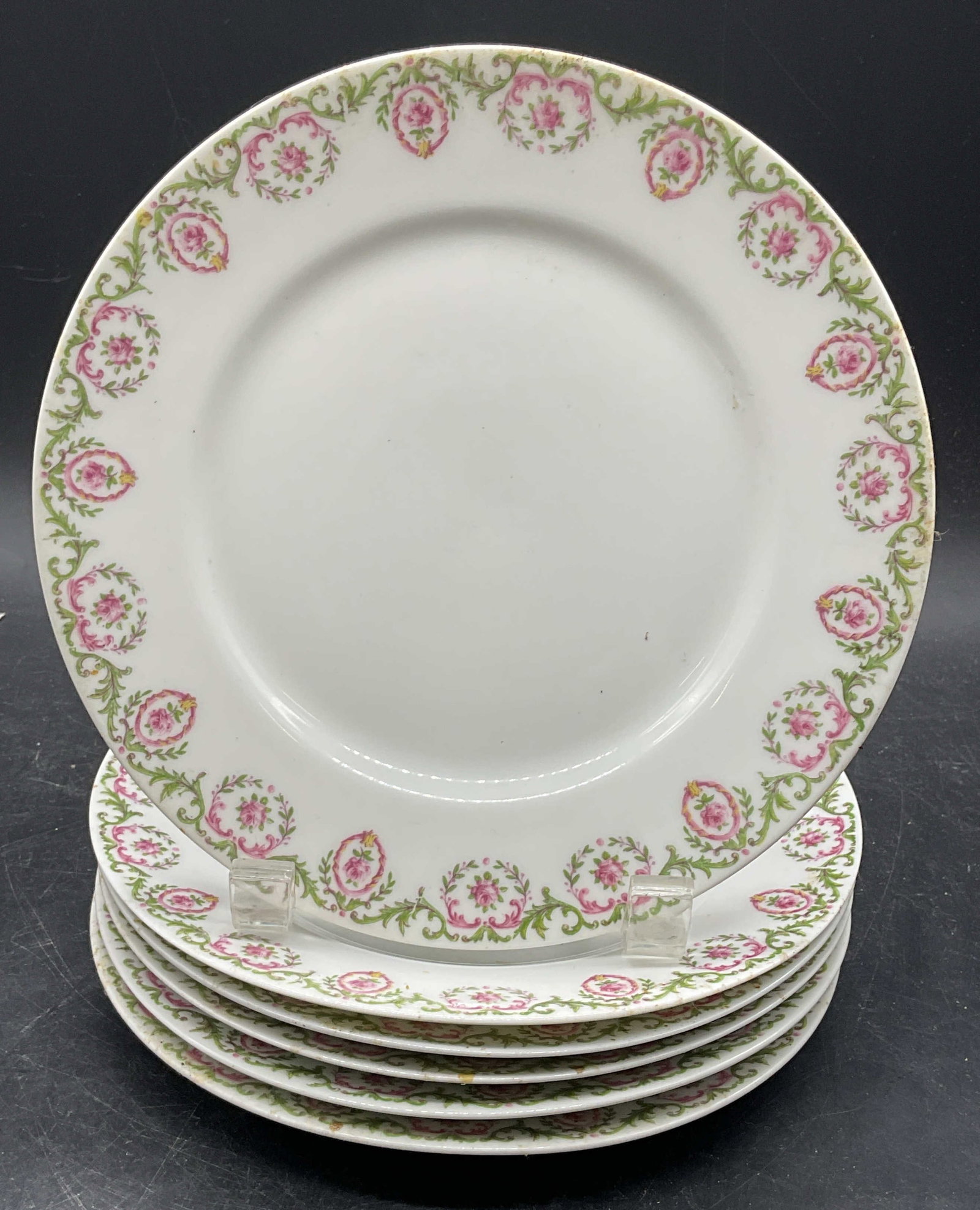 Set 6 Antq Ahrenfeldt Limoges Porc Plates France: Set of 6 antique G Ahrenfeldt Limoges porcelain plates. Made in France. Hand painted floral motifs. Measures approx. 7.25 inches wide. Some scratching and loss to paint. Antiques, collectibles, antiqu