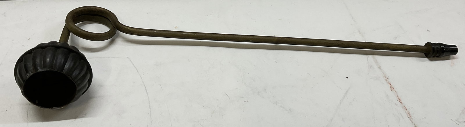 Vintage Brass Candle Snuffer: Vintage Brass Candle Snuffer. Scalloped Black Iron Cone. Plastic Cap. Some Wear Consistent with Exposure. Measures app 4in H x 14.5in L. Vintage Tools, Brass Candle Snuffer, Candle Snuffers, Vintage C